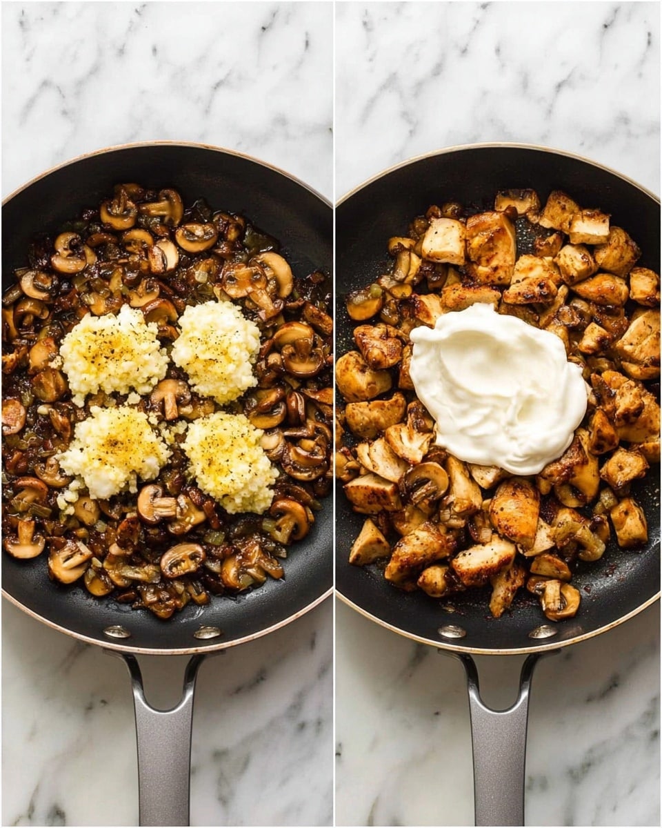 Two images side by side show a black pan with a gray handle on a white marbled surface. In the left image, the pan holds cooked brown mushrooms mixed with small bits of onion, topped with two dollops of pale yellow mustard and a small pile of minced garlic in the center. In the right image, the mushrooms are mixed with browned chunks of cooked chicken pieces, and a large dollop of white sour cream or creamy sauce sits on top in the middle. The food textures look warm and cooked, with a mix of soft mushrooms and firm chicken pieces. Photo taken with an iphone --ar 4:5 --v 7