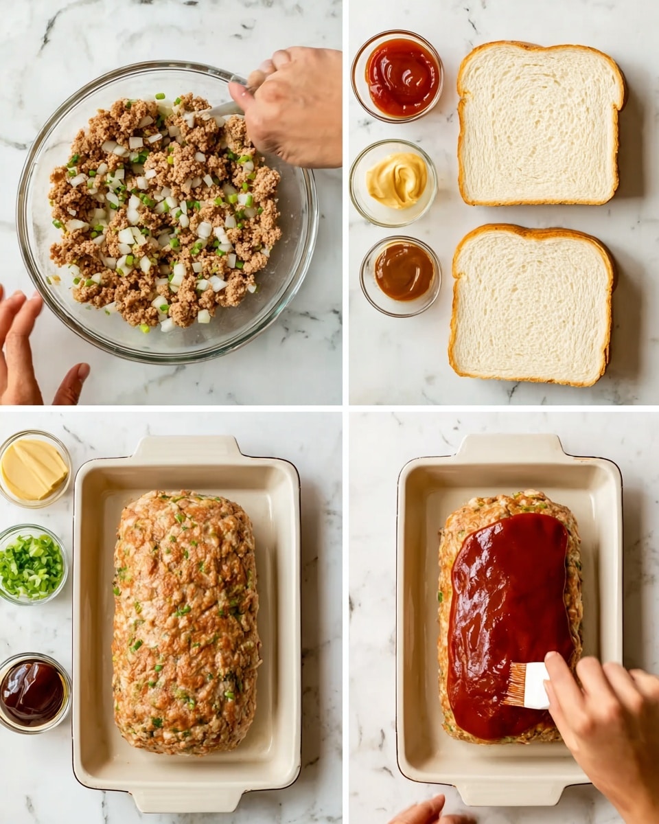 The image shows four small squares, each with a step in making a dish on a white marbled surface. The top left square has a woman's hand mixing a bowl of ground meat with green herbs and small white onions inside a clear glass bowl. The top right square shows two slices of white bread side by side in a white baking pan. The bottom left square shows the formed meat mixture shaped like a loaf in the white baking pan, with small bowls of ketchup, brown sugar, mustard, and soy sauce above the pan. The bottom right square shows a woman's hand spreading a thick layer of reddish-brown sauce over the meatloaf in the white pan. photo taken with an iphone --ar 4:5 --v 7