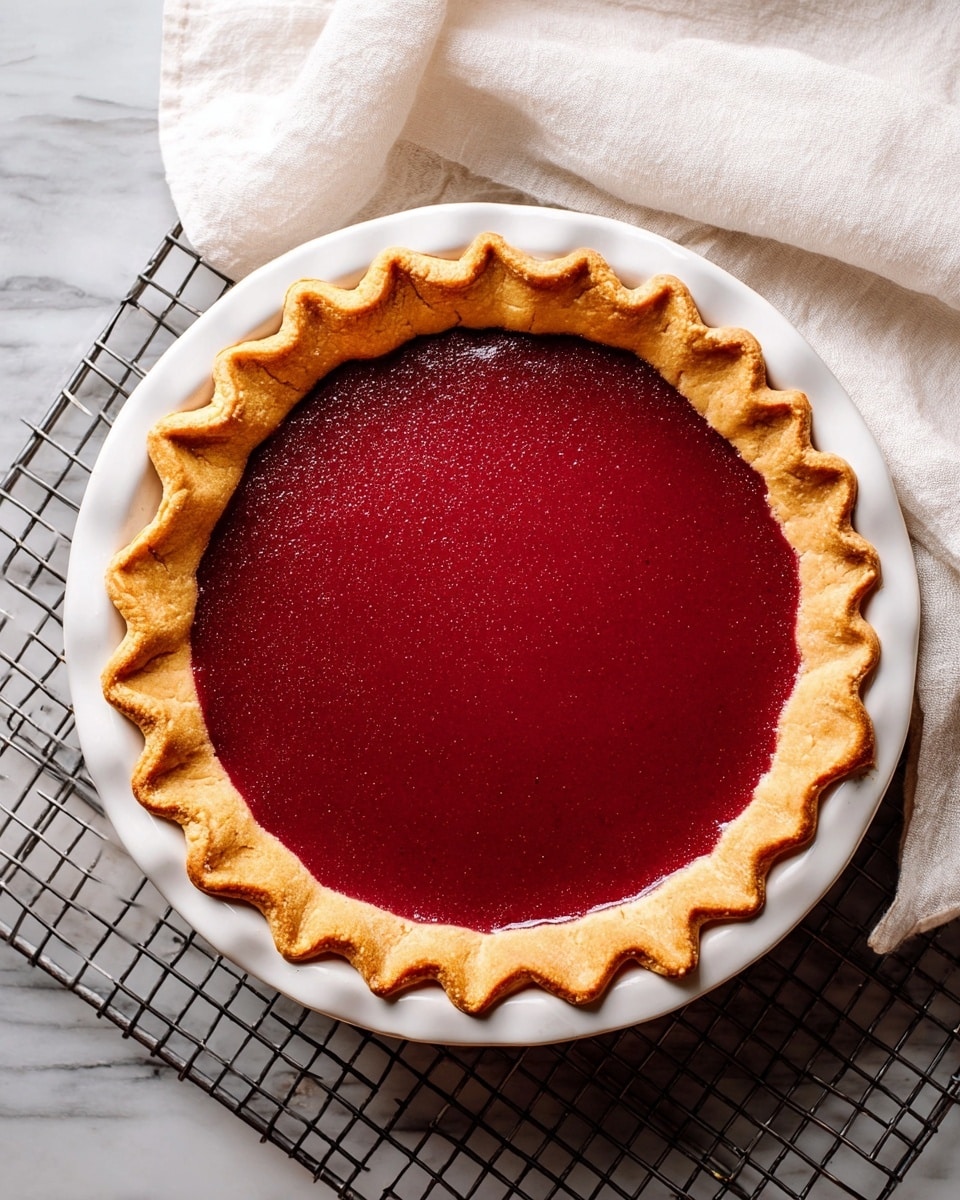A pie with a golden brown crust that has a wavy edge sits on a white plate. Inside the crust is a smooth, deep red filling that looks shiny and evenly spread. The pie is placed on a metal cooling rack, and there is a white cloth to the side. The scene is set on a white marbled surface. Photo taken with an iphone --ar 4:5 --v 7