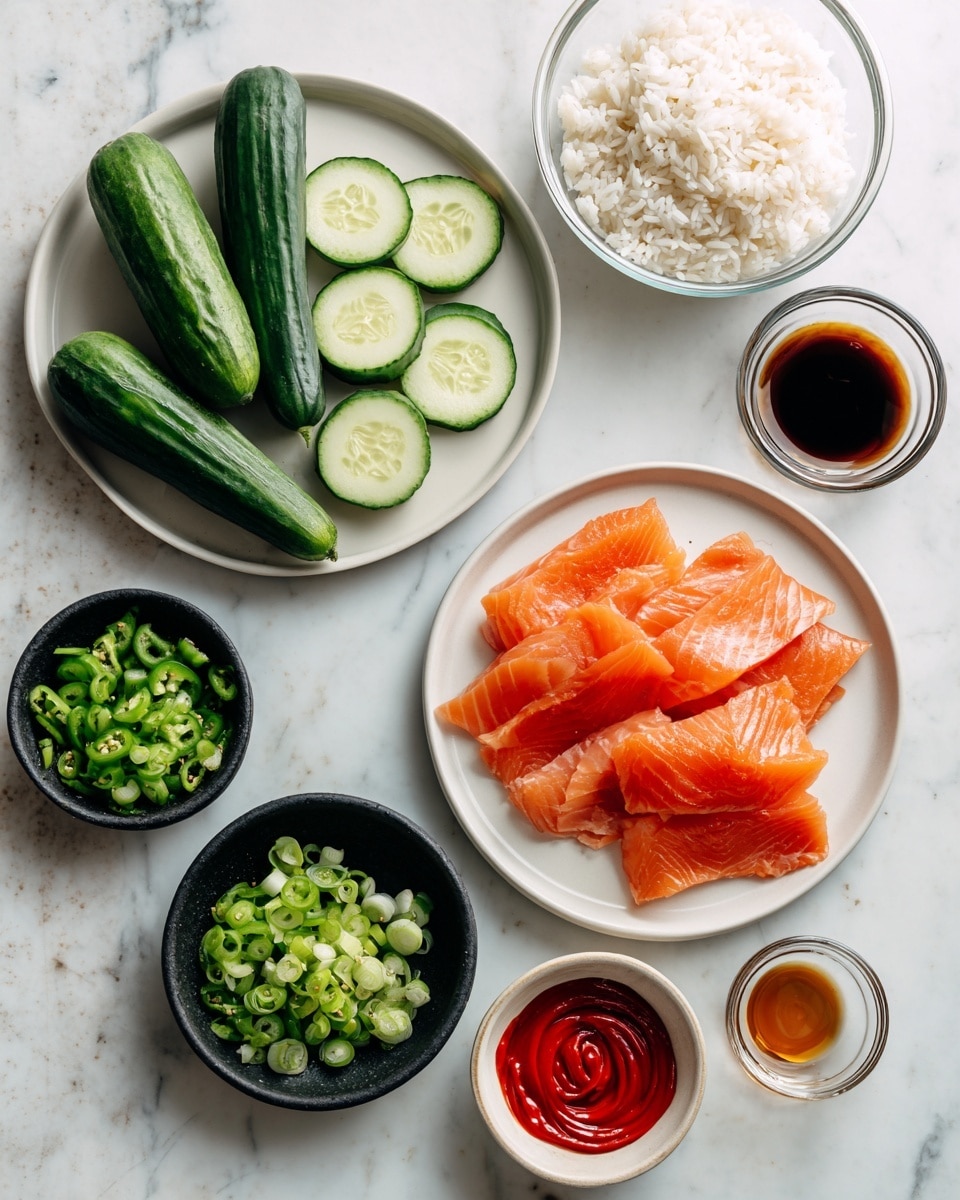 The image shows several ingredients for a dish, arranged neatly on a white marbled surface. In the center left, a white plate holds three whole cucumbers and several slices of cucumber with green skin and pale centers. Below it, another white plate displays thinly sliced smoked salmon in a bright orange-pink color, layered in overlapping rows. Surrounding these plates are small black bowls, one filled with sliced green serrano peppers and another with finely chopped green onions. On the right, there is a small white bowl with a swirl of bright red sriracha sauce. Above, a clear glass bowl contains white sushi rice with visible grains, and nearby are two small glass cups holding light amber sesame oil and dark brown soy sauce. Another small label points to rice vinegar, likely in a small container not fully visible. The scene is clean and bright with a white marbled background, captured in soft natural light. photo taken with an iphone --ar 4:5 --v 7