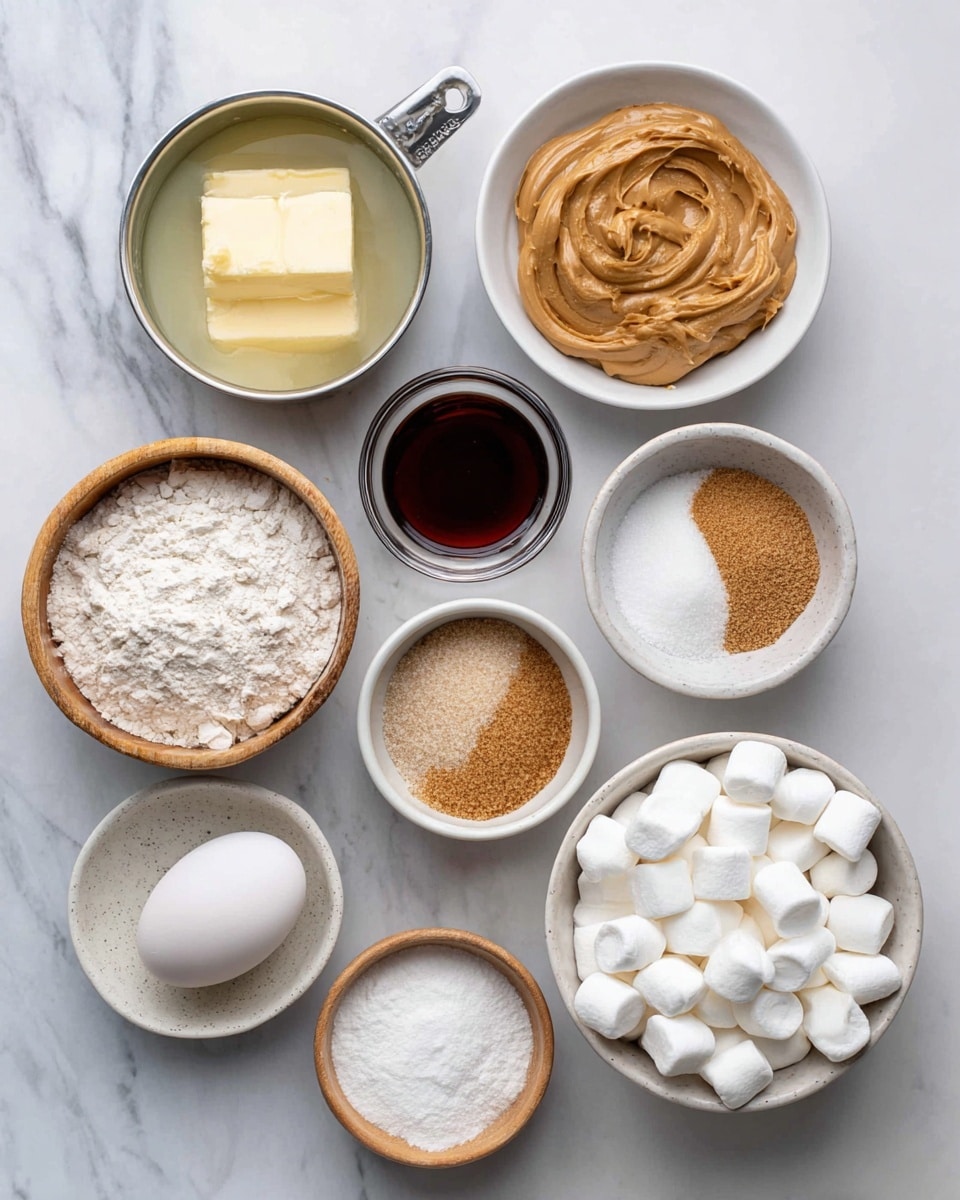 The image shows a white marbled background with nine small white and wooden bowls and one large egg arranged neatly. Starting from the top left, there is melted unsalted butter in a small saucepan with a silver handle. To the right, a white bowl holds a smooth, creamy light brown peanut butter. Below the butter, a small wooden bowl contains white kosher salt. In the center, a small clear glass bowl is filled with dark brown vanilla extract. Moving right, a white bowl holds a mix of light brown brown sugar and white granulated sugar. Below the salt, a grayish white bowl contains all-purpose flour with a powdery texture. Beneath the vanilla, a single large white egg is placed on the surface. Next to the egg at the bottom center, a small clear glass bowl with white baking soda powder is visible. Lastly, on the bottom right, a white bowl is filled with many small, puffy white mini marshmallows. Photo taken with an iphone --ar 4:5 --v 7