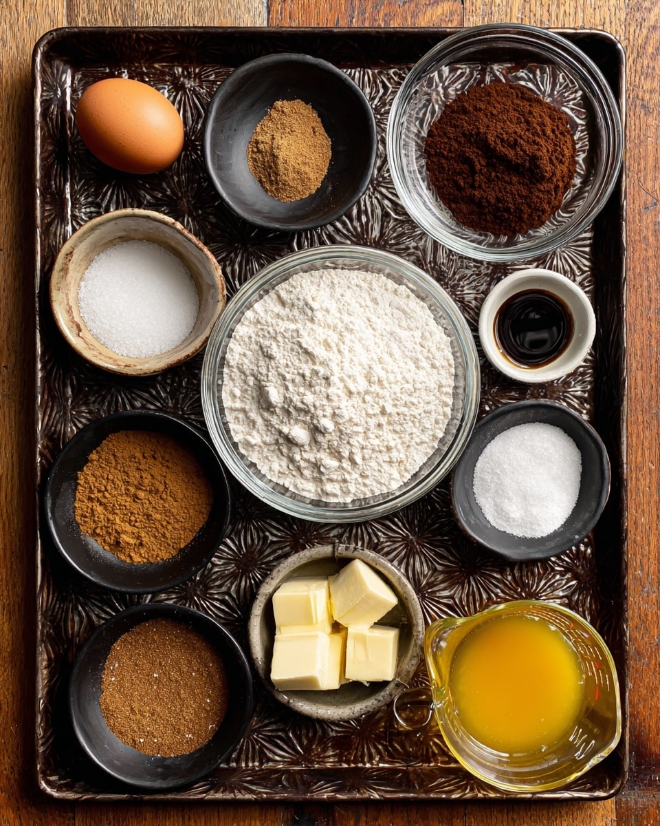 A dark metal tray with a textured star pattern holds several small bowls and a glass measuring cup with melted butter. In the center, a medium clear bowl is filled with white flour. Above it, a larger clear bowl contains a mix of dark brown sugar and white sugar, with a small black bowl of molasses and a tiny bowl of salt nearby. To the right of the sugar, a small bowl with vanilla is present. Below the flour, a black bowl holds a mix of ground spices in shades of brown, and a glass measuring cup with melted butter shows a rich yellow color at the bottom right. A whole brown egg rests near the left side, labeled with baking soda close by in a white bowl. The background is a wooden surface. The photo was taken with an iphone --ar 4:5 --v 7