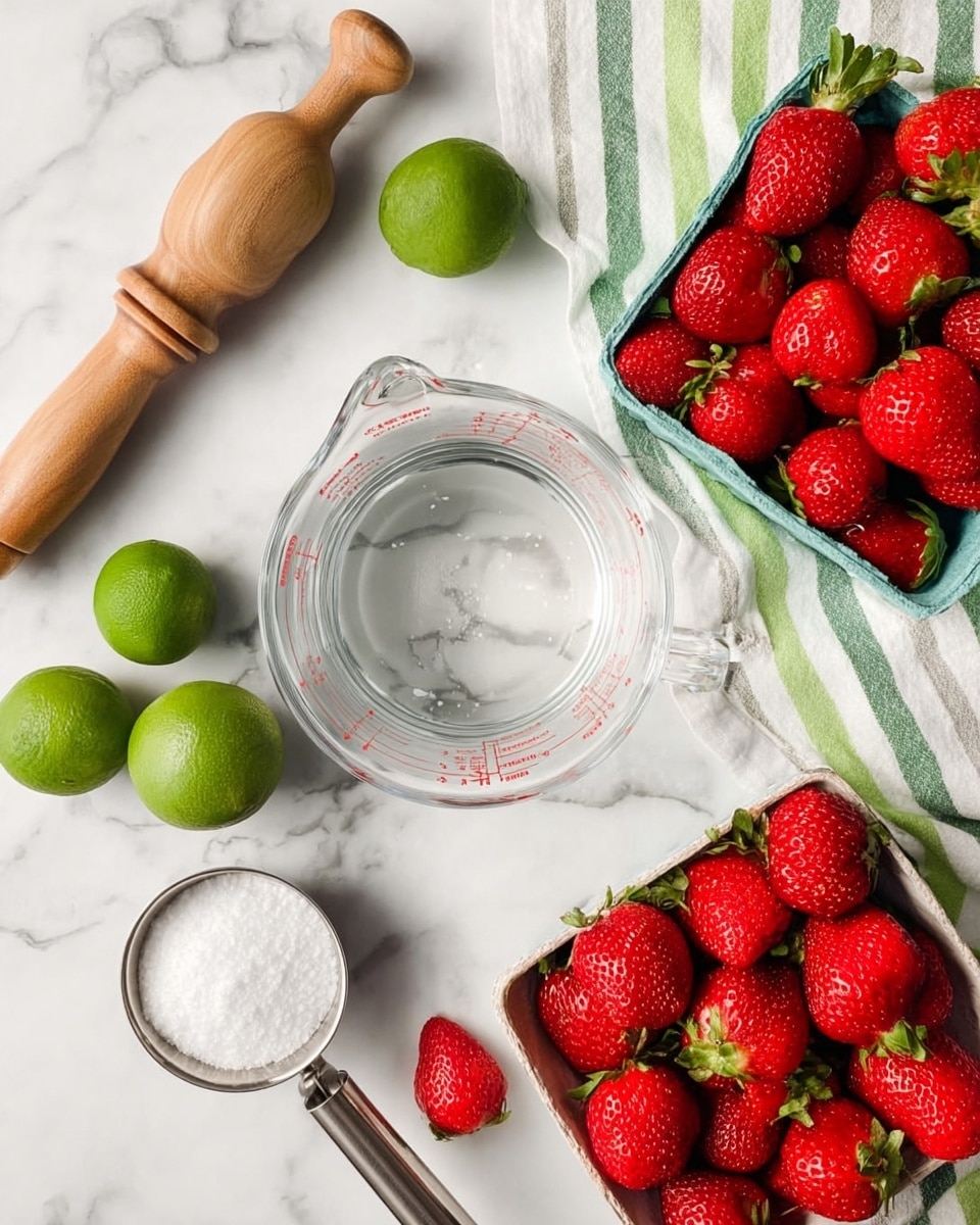 A top down view of a white marbled surface with two baskets of bright red strawberries on the right side, some strawberries scattered nearby. Below the strawberries is a white and green striped cloth. In the center is a clear glass measuring cup with water inside. On the left side, there are two green limes, a wooden citrus juicer, and a metal measuring cup filled with white sugar. photo taken with an iphone --ar 4:5 --v 7
