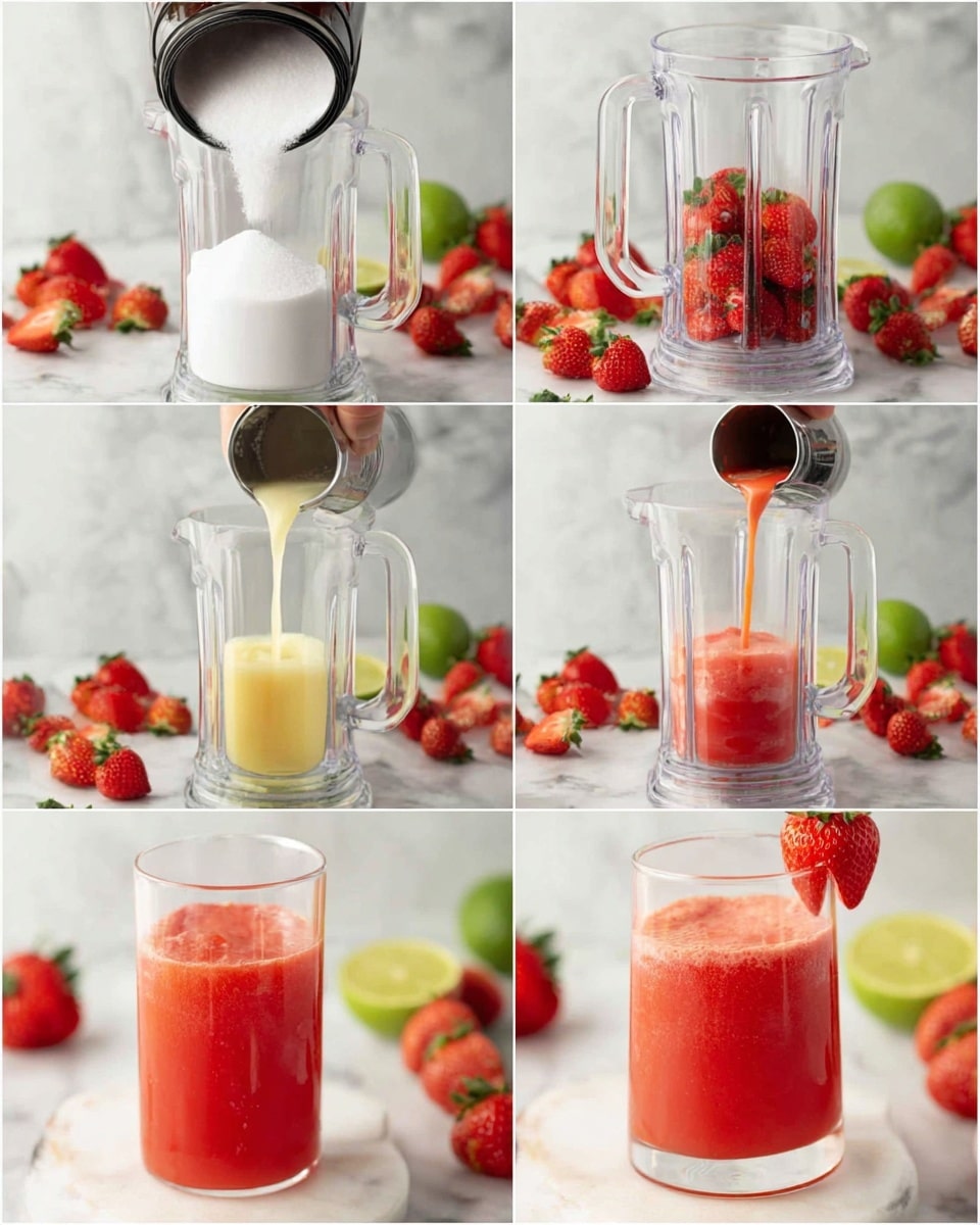 The image shows a six-step process of making a fresh strawberry drink. In the first step, white sugar is being poured into a clear glass pitcher on a white marbled surface. The next two steps show a blender container filled with whole strawberries, both before and while blending into a smooth red liquid. In the fourth step, the red strawberry liquid is poured back into the clear glass pitcher. The fifth step shows a light yellow liquid being added to the pitcher containing the strawberry mix. In the final step, the drink is served in a clear glass with a ripe strawberry on the rim, placed on a white marbled surface with whole strawberries and lime slices around. Photo taken with an iphone --ar 4:5 --v 7