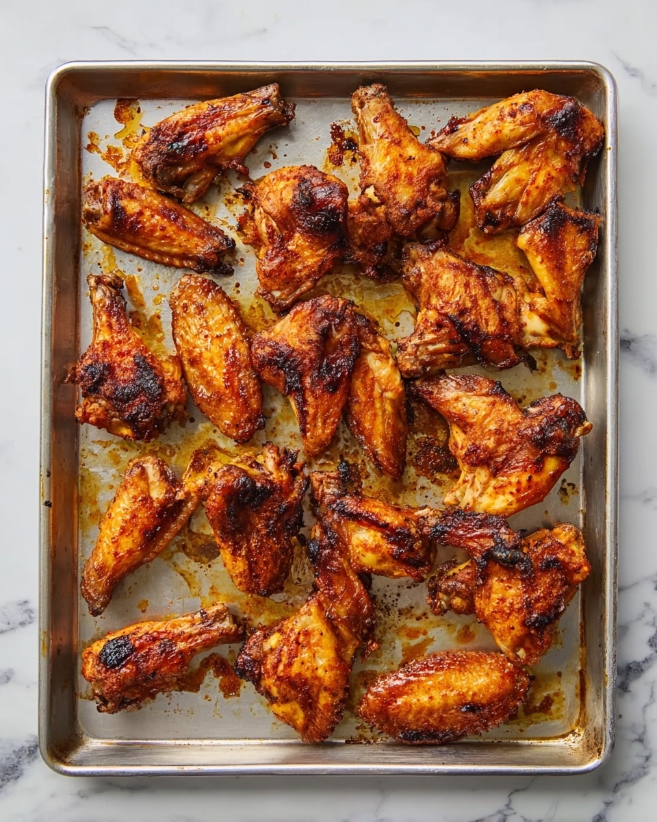 A metal baking tray filled with fourteen cooked chicken wings arranged unevenly, showing a mix of golden brown and deep orange roasted skin with slightly charred edges, lying flat on a white marbled surface. The tray has oil stains and browned spots from the cooking. The wings are spread out, with some wings overlapping slightly while most are separated, highlighting the crispy texture of the skin. photo taken with an iphone --ar 4:5 --v 7