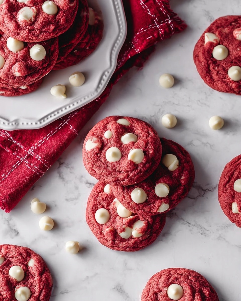 A stack of five red cookies, each dotted with white chocolate chips, is placed in the center on a white marbled surface. The cookies have a slightly cracked texture and rich red color. Around the stack, some white chocolate chips are scattered casually. In the background, there is a white plate filled with more red cookies, slightly out of focus, sitting on a folded pink and white cloth. The overall scene looks soft and inviting. photo taken with an iphone --ar 4:5 --v 7