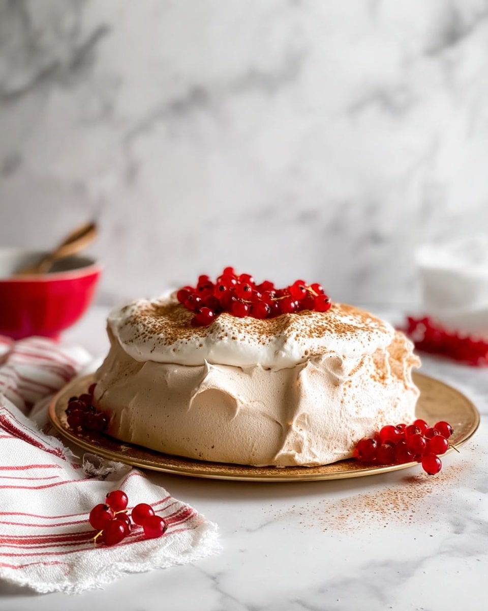 The image shows a pavlova cake on a white marbled surface. The pavlova has one thick, rough-textured off-white meringue layer shaped with soft folds forming the base. On top, there is a smooth, fluffy white cream layer, dusted with light brown cinnamon powder. The center of the cake is filled with shiny, bright red currants that add a pop of color. The cake sits on a gold-colored plate. Around the cake, there are some extra red currants and a white cloth with red stripes. In the background, a white marbled wall is visible, and a red bowl with a spoon is softly blurred. photo taken with an iphone --ar 4:5 --v 7