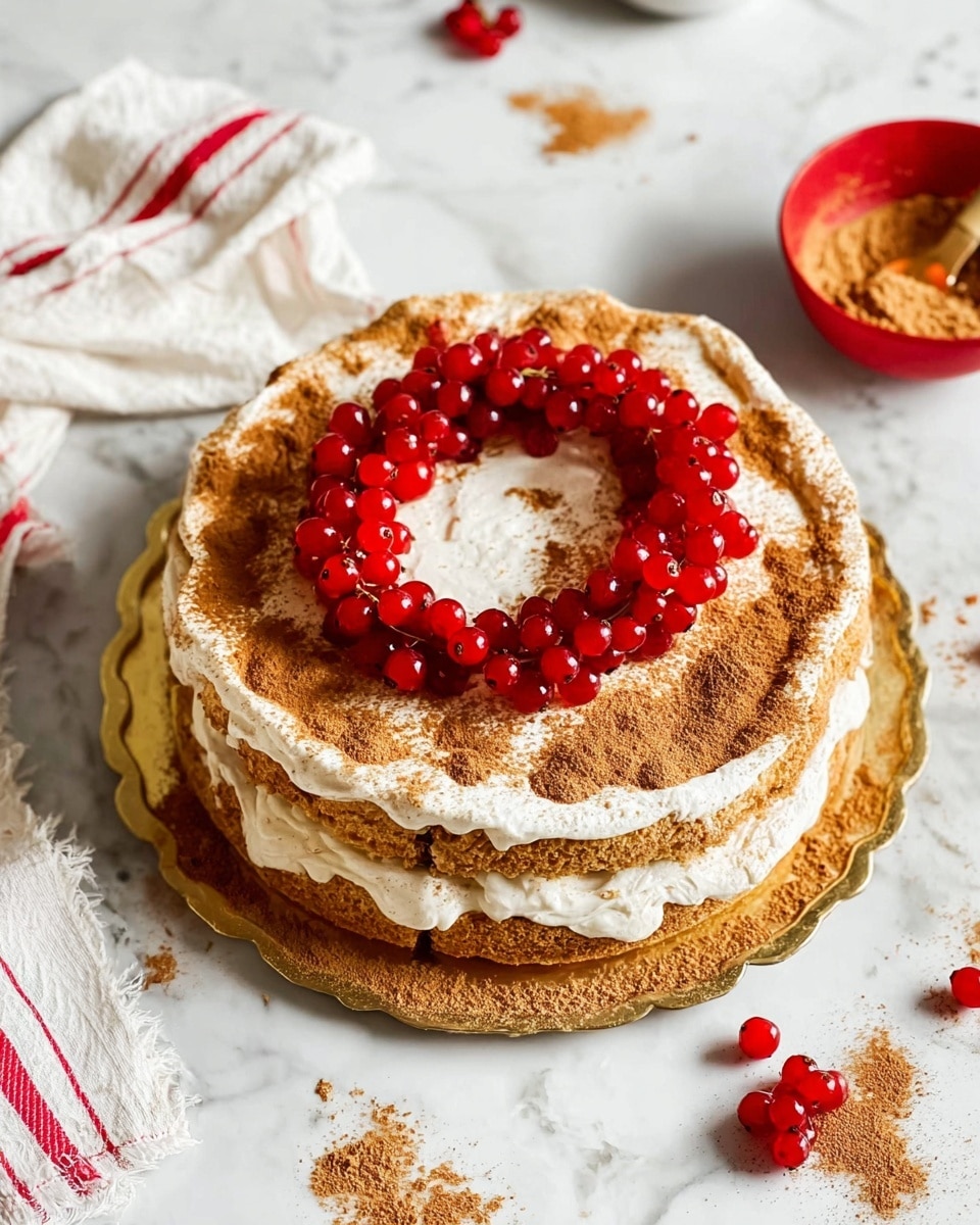 A round white meringue cake sits on a gold scalloped base, placed on a white marbled surface. The cake has an uneven, fluffy texture with cracks around the edges. On top, there is a layer of light brown powdery spice forming a rough ring shape with a small cluster of bright red berries in the middle. A bunch of red berries lies next to the cake on a white cloth with red stripes, and a silver spoon with more of the brown powder is spread out, leaving a dust of spice across the marbled surface. Photo taken with an iphone --ar 4:5 --v 7
