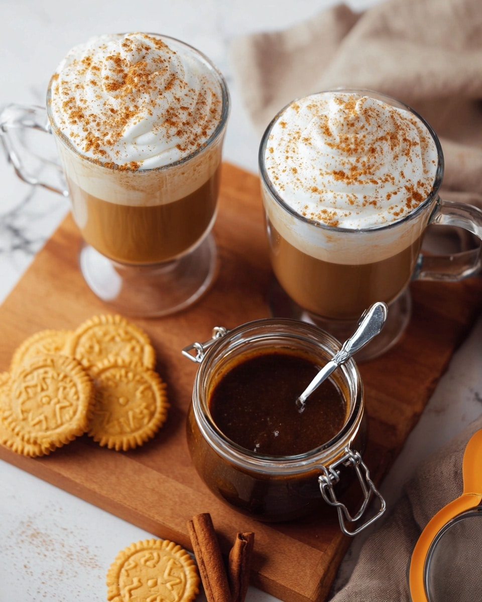 The image shows two clear glass mugs filled with coffee layered in shades of brown, topped with a thick layer of white whipped cream sprinkled with light brown cinnamon powder, sitting on a wooden board. Nearby on the board is a glass jar with a silver spoon standing inside, filled with a smooth, dark brown sauce or spread, and the jar has a metal latch with an open orange seal lid. Around the mugs and jar are several golden cream-filled sandwich cookies with embossed patterns and two cinnamon sticks placed on a light brown cloth beneath the board, all placed on a white marbled surface. photo taken with an iphone --ar 4:5 --v 7