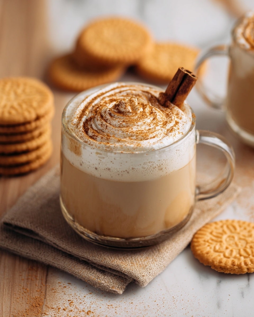 A clear glass cup holds a creamy light brown drink topped with a frothy white layer of foam sprinkled with cinnamon powder in a swirl pattern. A single whole cinnamon stick rests diagonally on top of the foam. The cup is placed on a beige cloth on a white marbled surface, surrounded by several round golden sandwich cookies with a patterned top. In the background, another cup with a similar drink and more cookies are slightly blurred. Photo taken with an iphone --ar 4:5 --v 7