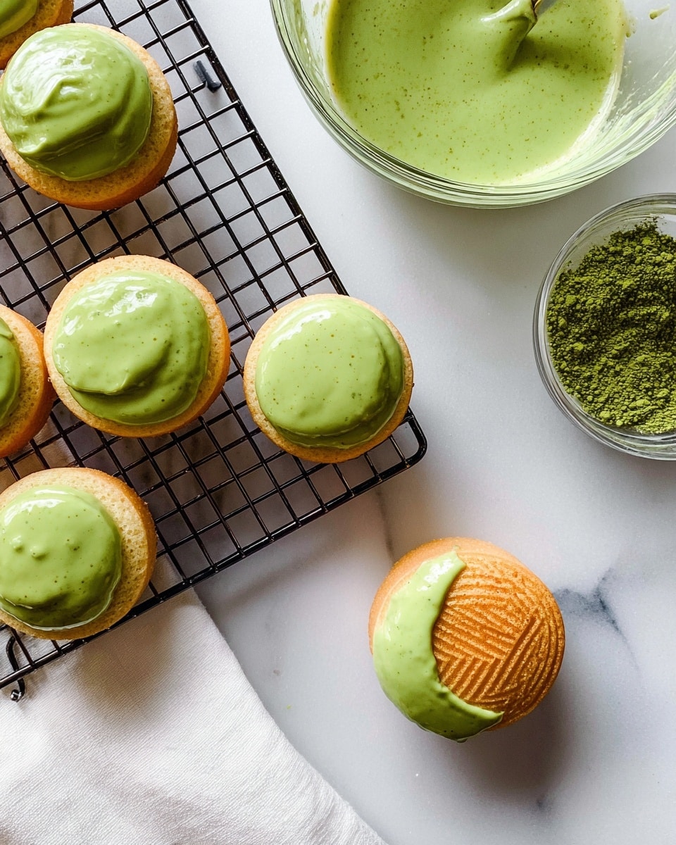 The image shows several small round cakes arranged on a black cooling rack over a white marbled surface, each topped with a thick, smooth layer of green icing that has a soft, velvety texture and a light speckled pattern. To the side, there is a clear glass bowl holding the same green icing, with one round cake dipped halfway, a lighter golden brown on top with a slight textured pattern from a grill or press. The scene is bright and clean, with a white cloth partially under the rack and a small glass bowl with green powder nearby. Photo taken with an iphone --ar 4:5 --v 7