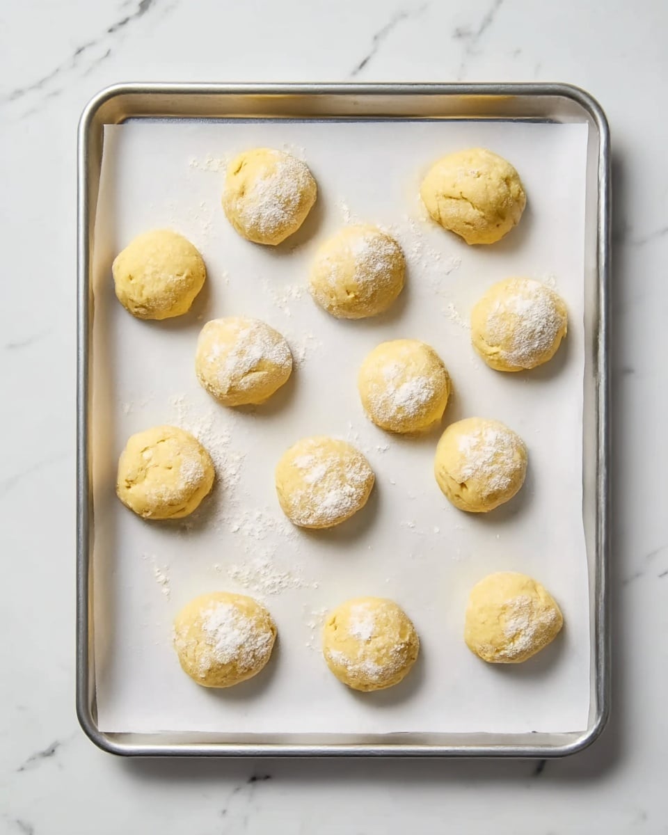 A metal baking tray is lined with white paper, holding 12 evenly spaced dough balls. Each dough ball is pale yellow with a slightly rough texture and a dusting of white flour on top. The tray sits on a white marbled surface, enhancing the light colors of the dough and paper. photo taken with an iphone --ar 4:5 --v 7