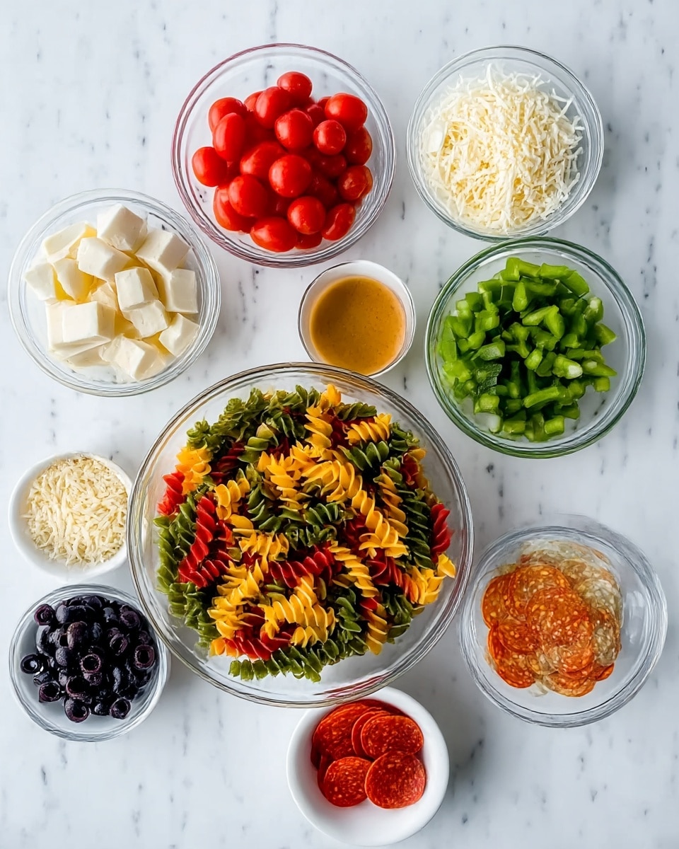 The image shows a white marbled surface with eight clear glass and white bowls arranged in a loose circle. In the center, there is a clear glass bowl filled with colorful tri-color spiral pasta in green, yellow, and red hues with a twisted texture. Clockwise from the top, there is a clear glass bowl of white cheese cubes, a white bowl of bright red cherry tomatoes, a clear glass bowl of chopped green bell peppers, a clear glass bowl of light brown dressing or sauce, another clear glass bowl of chopped green bell peppers, a small clear glass bowl of shredded white cheese, a small white bowl of black olives, and finally a small clear glass bowl with reddish-orange pepperoni slices. The colors are bright and the bowls are neatly arranged. Photo taken with an iphone --ar 4:5 --v 7