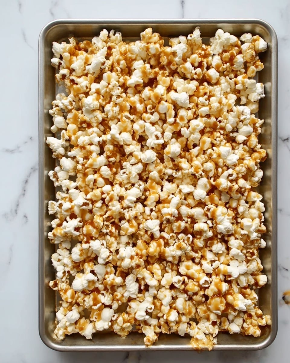 A large metal baking tray filled with a single thick layer of popcorn, mostly white with some pieces covered in a golden caramel sauce that has a glossy texture and small bubbles, creating a mix of shiny and matte finishes across the popcorn. The tray is placed on a white marbled surface, and the popcorn looks crispy and fresh. Photo taken with an iphone --ar 4:5 --v 7