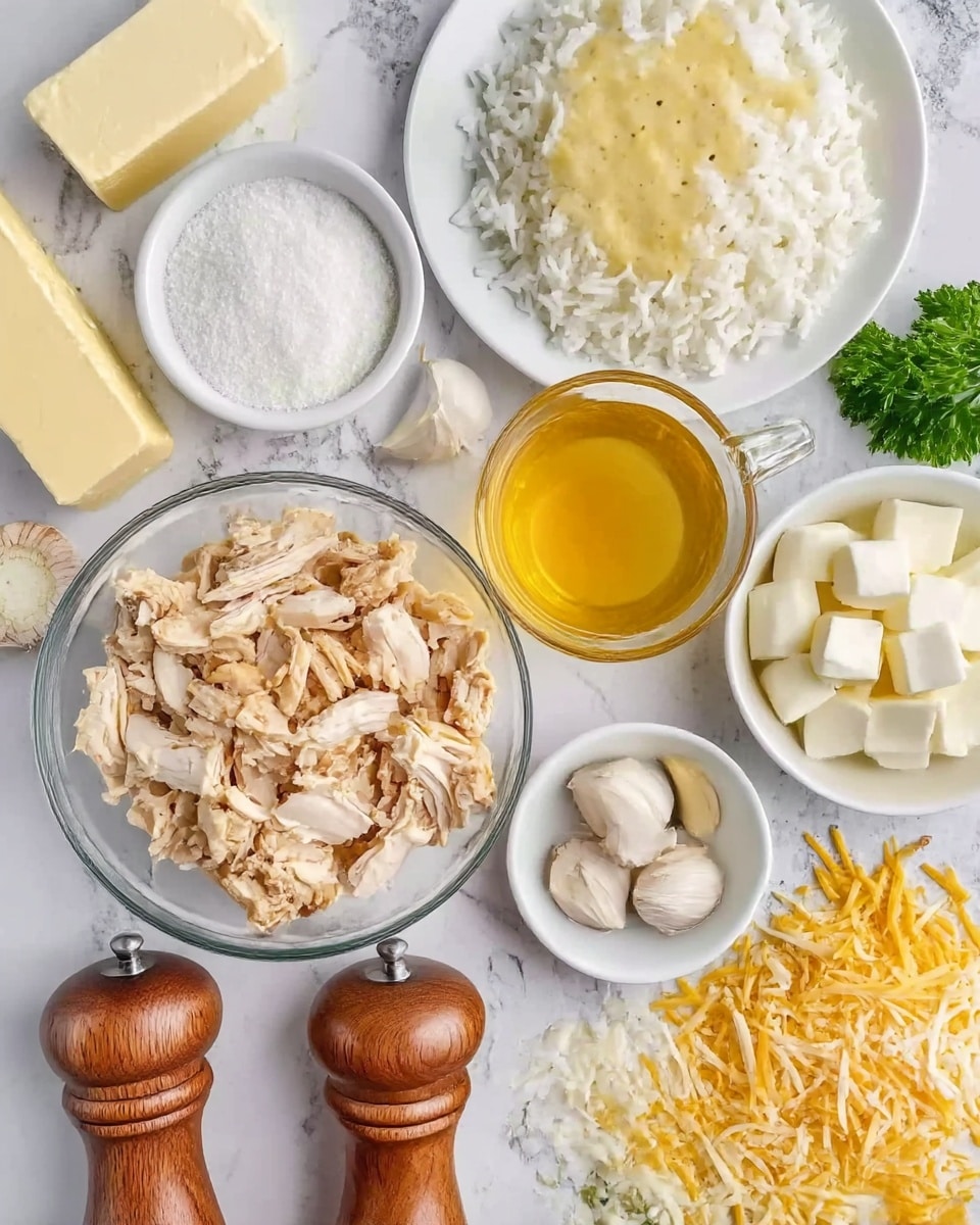 The image shows several white bowls and a white plate arranged on a white marbled surface. In the center, there is a clear bowl filled with chopped cooked chicken, which is light brown and tender-looking. To its top right is a white plate with fluffy white rice. Above the chicken is a white bowl filled with smooth, creamy, yellow sauce. Nearby, there is a smaller white bowl with white cubed cheese, and to the right of it, a glass cup filled with a clear golden liquid, possibly broth. Surrounding these are other ingredients including a block of butter, a small white bowl with white powder, a pile of garlic cloves, and a mixed white and yellow shredded cheese. Two wooden pepper grinders sit at the bottom, and some green parsley adds a touch of bright color on the right side. photo taken with an iphone --ar 4:5 --v 7