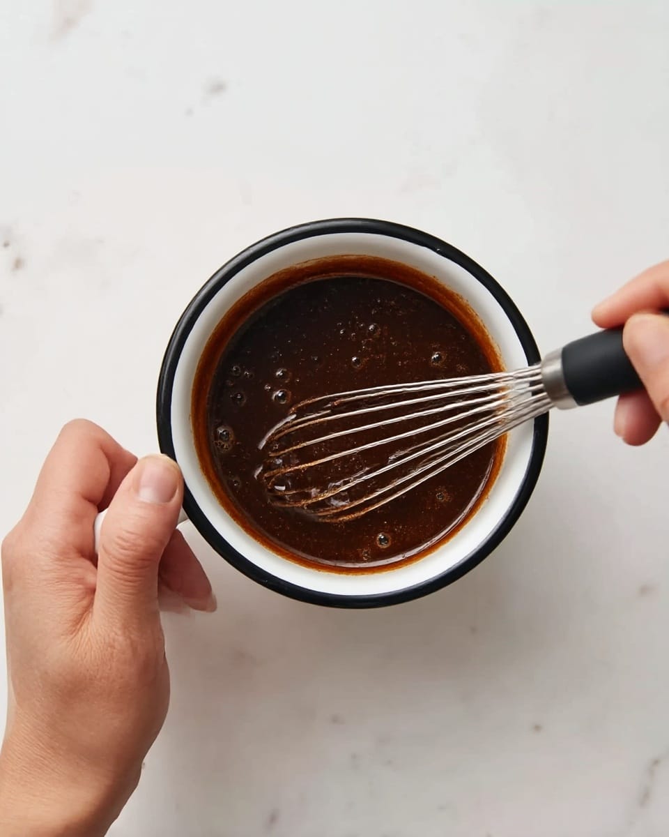 A white enamel cup with a black rim holds thick dark brown sauce being stirred by a woman's hand holding a whisk with a black handle and metal loops. The sauce is smooth with slight glossy texture and small bubbles on top. The cup is set on a white marbled surface. photo taken with an iphone --ar 4:5 --v 7