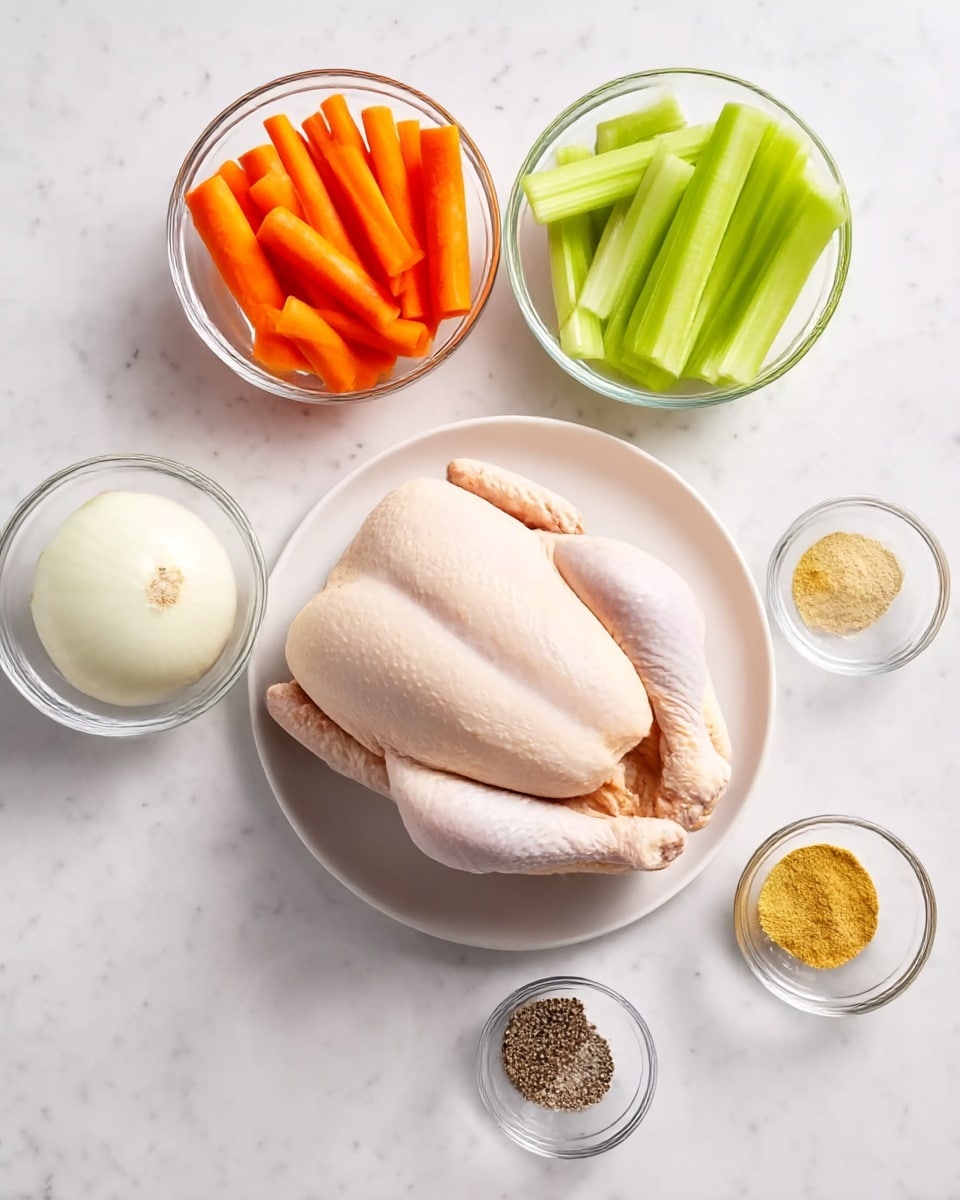 The image shows one whole raw chicken placed on a white plate in the center. Around it are six glass bowls with different ingredients: one bowl has bright orange carrot sticks, another has light green celery sticks, one contains a peeled white onion, another holds a small pile of yellow powder, and two small bowls have white salt and black pepper. All items are arranged neatly on a white marbled surface. photo taken with an iphone --ar 4:5 --v 7