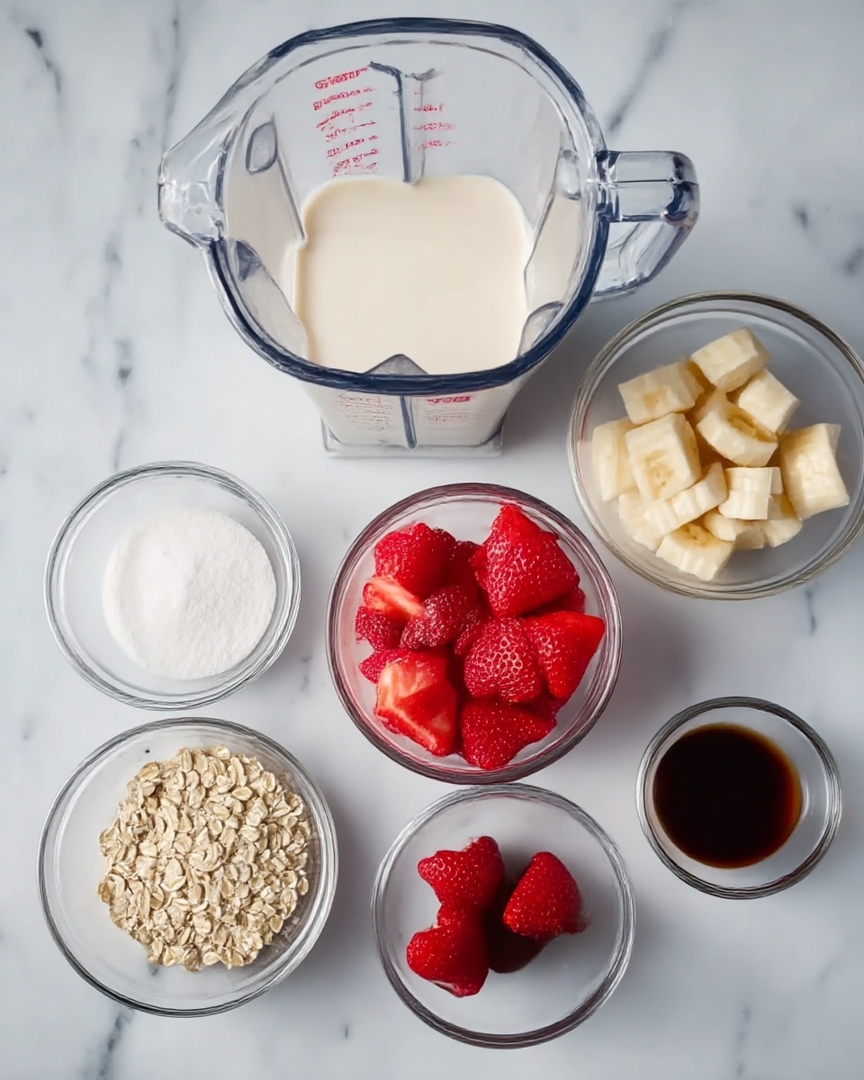 The image shows six clear glass bowls and a blender container placed on a white marbled surface. Starting from the top center, there is a clear glass measuring cup filled with light cream-colored milk. To its right, a small glass bowl holds pale yellow banana pieces. Below the measuring cup and slightly to the right, a bigger clear bowl contains bright red strawberries with frozen texture. Below and left of this bowl, a small glass bowl holds dark brown vanilla liquid. To the left of the vanilla, a slightly bigger clear bowl contains white granulated sugar. On the far left, a bigger bowl holds light beige rolled oats. A transparent blender container is seen on the top left, with visible blades inside. Photo taken with an iphone --ar 4:5 --v 7
