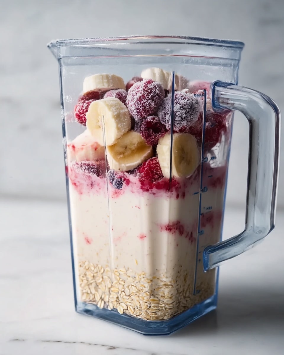 A clear blender jar filled with three visible layers on a white marbled surface background. The bottom layer is light beige rolled oats. Above that is a thick layer of creamy white milk or yogurt. The top layer has a mix of frozen red and purple berries and pale banana slices, some dusted with a light layer of white frozen frost. The blender jar has measurement markings on its clear sides with a handle on the right. photo taken with an iphone --ar 4:5 --v 7