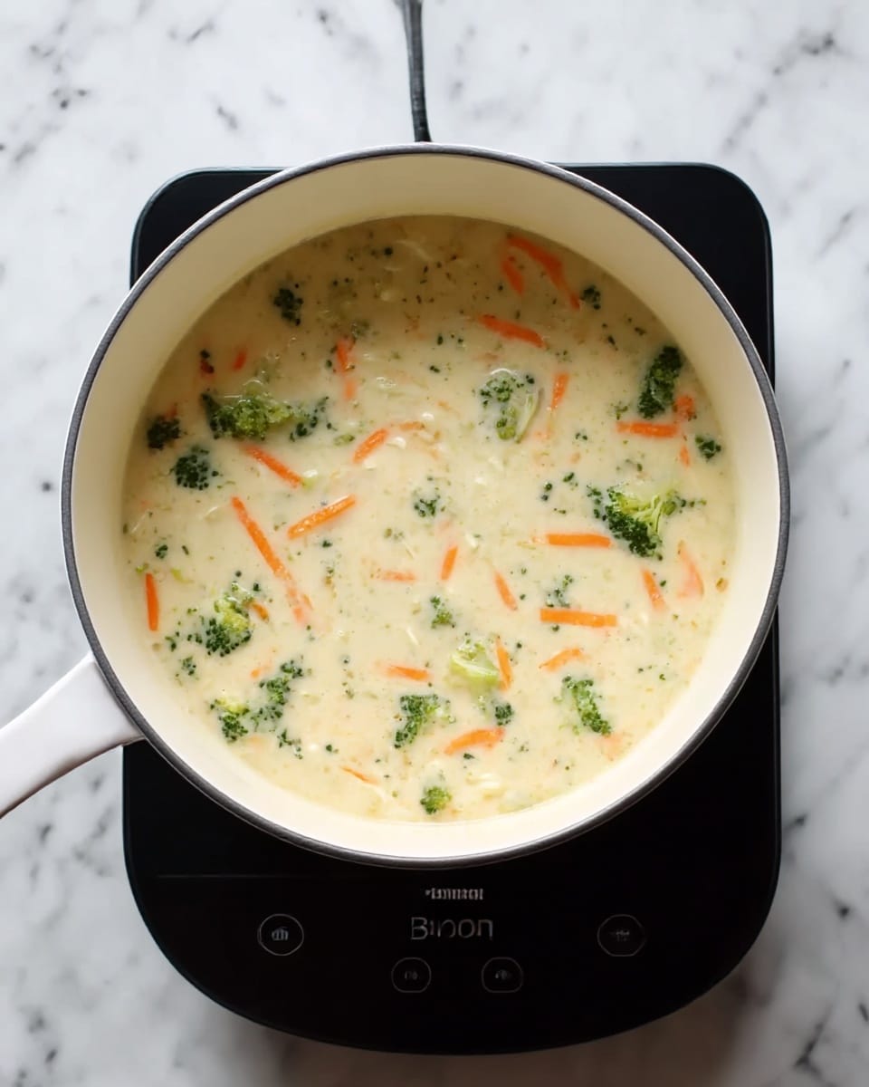 The image shows a white pot placed on a black electric stove on a white marbled surface. Inside the pot, there is a creamy soup that has visible small pieces of green broccoli and thin orange carrot strips floating in it. The soup looks thick and smooth with a light color base, and the vegetables are spread evenly throughout the creamy liquid. Photo taken with an iphone --ar 4:5 --v 7