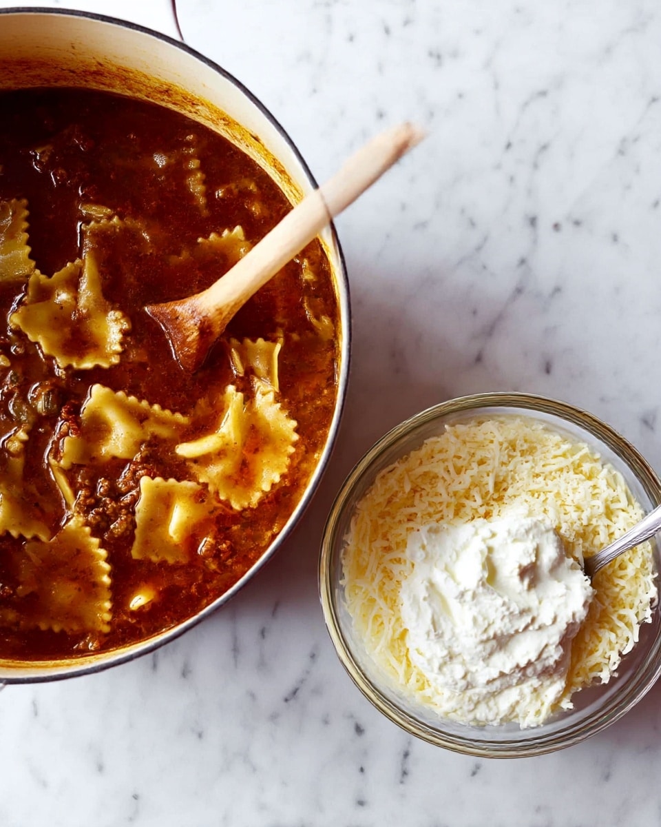 The image shows two side-by-side photos: on the left, a close-up of a large pot filled with dark red-brown soup containing broken lasagna pasta sheets and small pieces of ground meat, with a wooden spoon partly stirring the soup; on the right, a clear glass bowl on a white marbled surface filled with two layers – the bottom half has shredded white and yellow cheese, and the top half is creamy white ricotta cheese, with a metal spoon resting in the bowl; the background is a white marbled texture. photo taken with an iphone --ar 4:5 --v 7