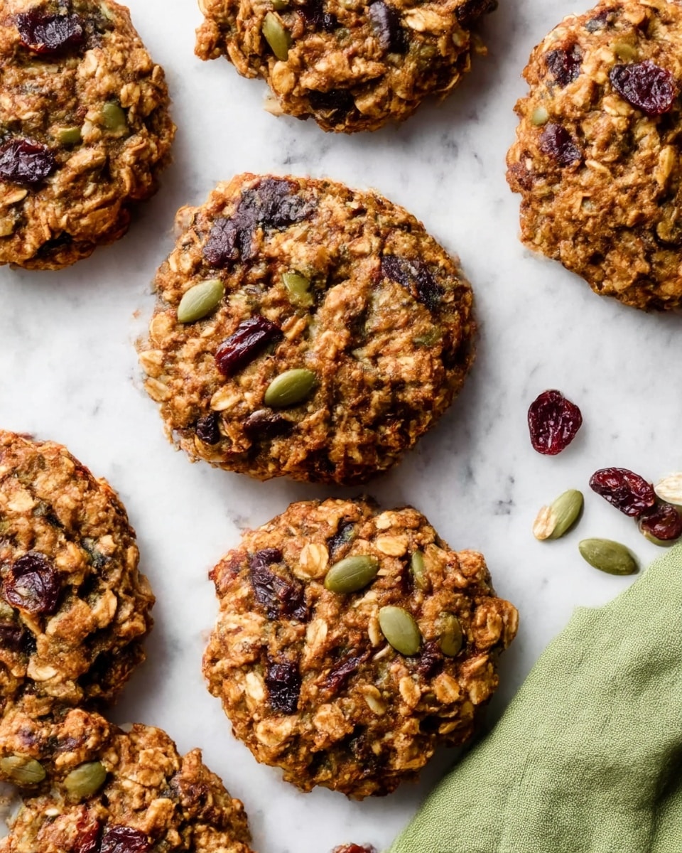 The image shows several round oatmeal cookies with a rough, chunky texture filled with visible pumpkin seeds, dried cranberries, and dark spots from raisins or chocolate chips. The cookies have a golden-brown color with a mix of light and dark brown oats unevenly spread throughout each cookie. They are placed on a white marbled surface with a green cloth napkin partially visible in the lower right corner with a few extra seeds and dried cranberries scattered nearby. The overall look is rustic and hearty, showing the natural ingredients of the cookies clearly. photo taken with an iphone --ar 4:5 --v 7