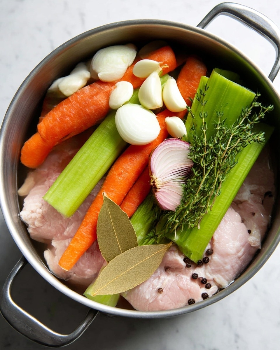 A large metal pot filled with raw ingredients for making broth is shown on a white marbled surface. At the bottom, there are light pink raw chicken pieces forming the first layer. On top of the chicken, thick bright orange carrots are placed randomly. The third layer includes fresh green celery stalks with leaves, adding a fresh texture. Also on top, whole peeled garlic cloves with white papery skins and two halved shallots with purple outer skins are scattered. Sprigs of fresh thyme and a light brown bay leaf lie across the celery, while some black peppercorns are visible around the vegetables. The overall look is fresh and natural with a mix of soft and firm textures. Photo taken with an iphone --ar 4:5 --v 7