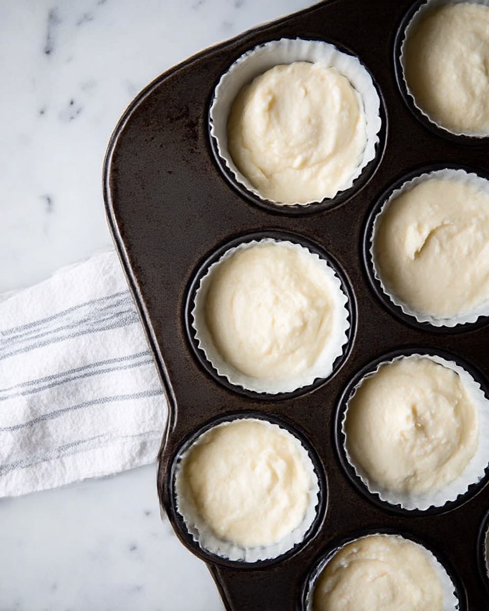 The image shows a dark metal muffin tray filled with seven small white tart pans, each containing a smooth, white batter evenly spread inside. The tray is placed on a white marbled surface, with a white and gray striped cloth partially visible underneath on the left side. The batter looks thick and creamy, with some slight uneven texture on the surface of each tart. The lighting is natural, softly highlighting the texture of the batter and the tray. Photo taken with an iphone --ar 4:5 --v 7