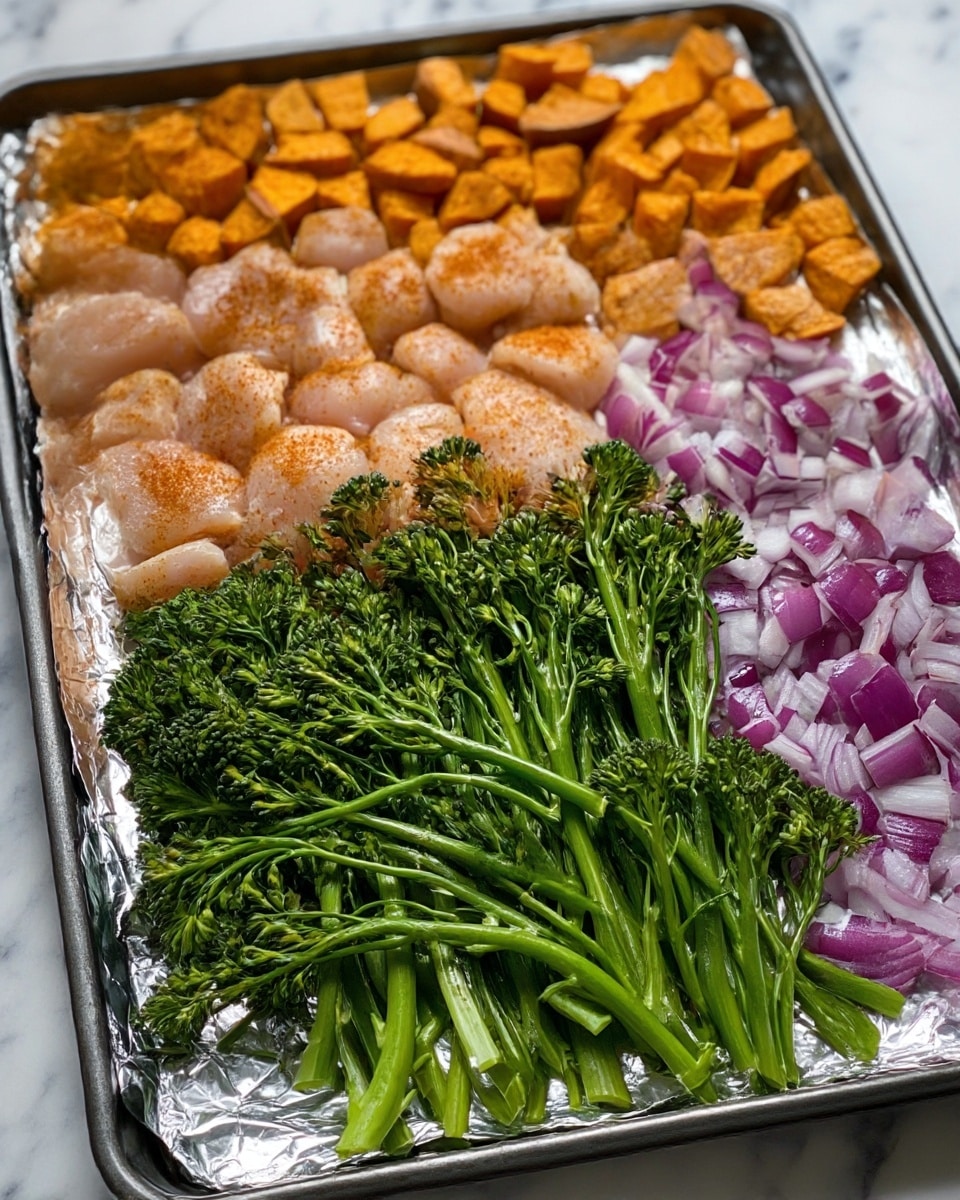 The image shows a baking tray lined with foil, filled with four main layers of food. At the front, there is a layer of fresh bright green broccolini with thin stems and small florets. Behind the broccolini, there is a layer of pale pink raw chicken pieces seasoned with a reddish spice. Next to the chicken, there is a layer of chopped red onions with purple and white coloring, cut into medium-sized chunks. At the back of the tray, there is a layer of roasted cubed sweet potatoes, which have a warm orange color and lightly browned edges. The tray is placed on a white marbled surface. Photo taken with an iphone --ar 4:5 --v 7