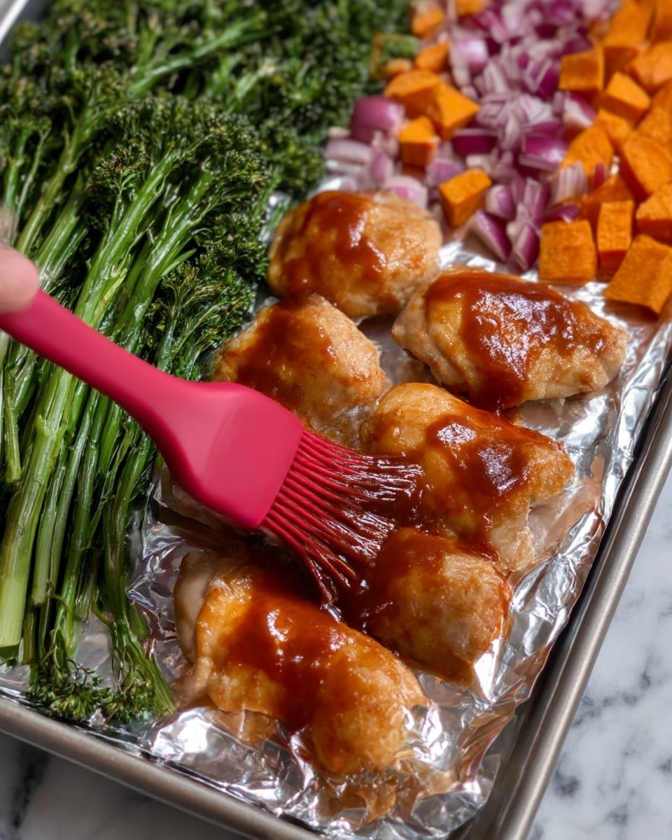 The image shows six pieces of cooked chicken arranged in the center on a baking tray with shiny foil, being brushed with a thick glossy reddish-brown sauce using a red silicone brush held by a woman's hand. Surrounding the chicken on the left side are fresh green broccolini with long stems and small florets. On the top right are small chopped pieces of purple red onion, and next to them, diced orange sweet potatoes. The background surface under the tray looks like white marble. Photo taken with an iphone --ar 4:5 --v 7