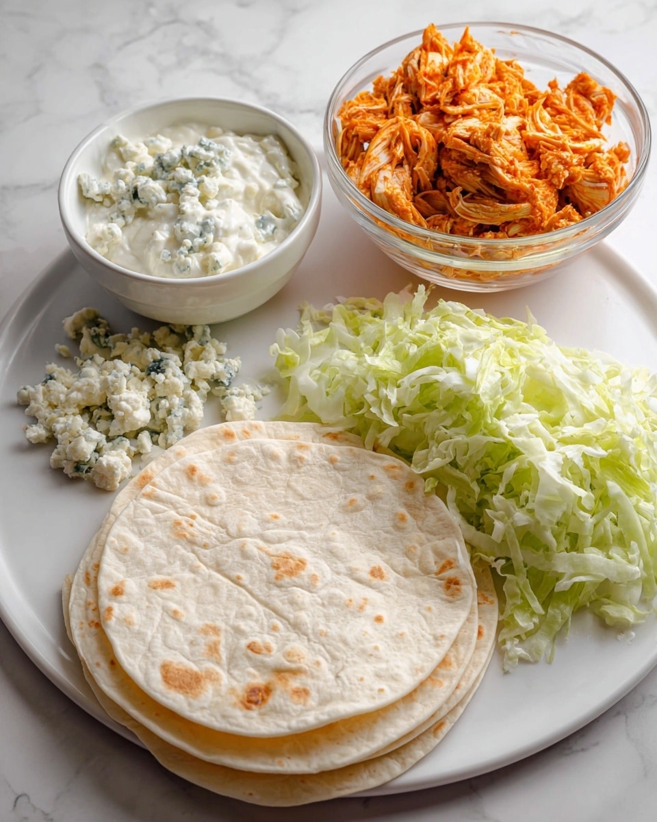 The image shows a white plate on a white marbled surface with several ingredients arranged separately. On the left side, there is a small white ceramic bowl filled with a thick white sauce that has small chunks in it. Next to the bowl, there are crumbled pieces of a white cheese with blue veins. In the middle, two plain white flour tortillas are stacked on top of each other. On the right side of the plate, there is a mound of finely shredded light green lettuce. Behind the lettuce, there is a glass bowl filled with shredded orange-colored seasoned chicken. Photo taken with an iphone --ar 4:5 --v 7