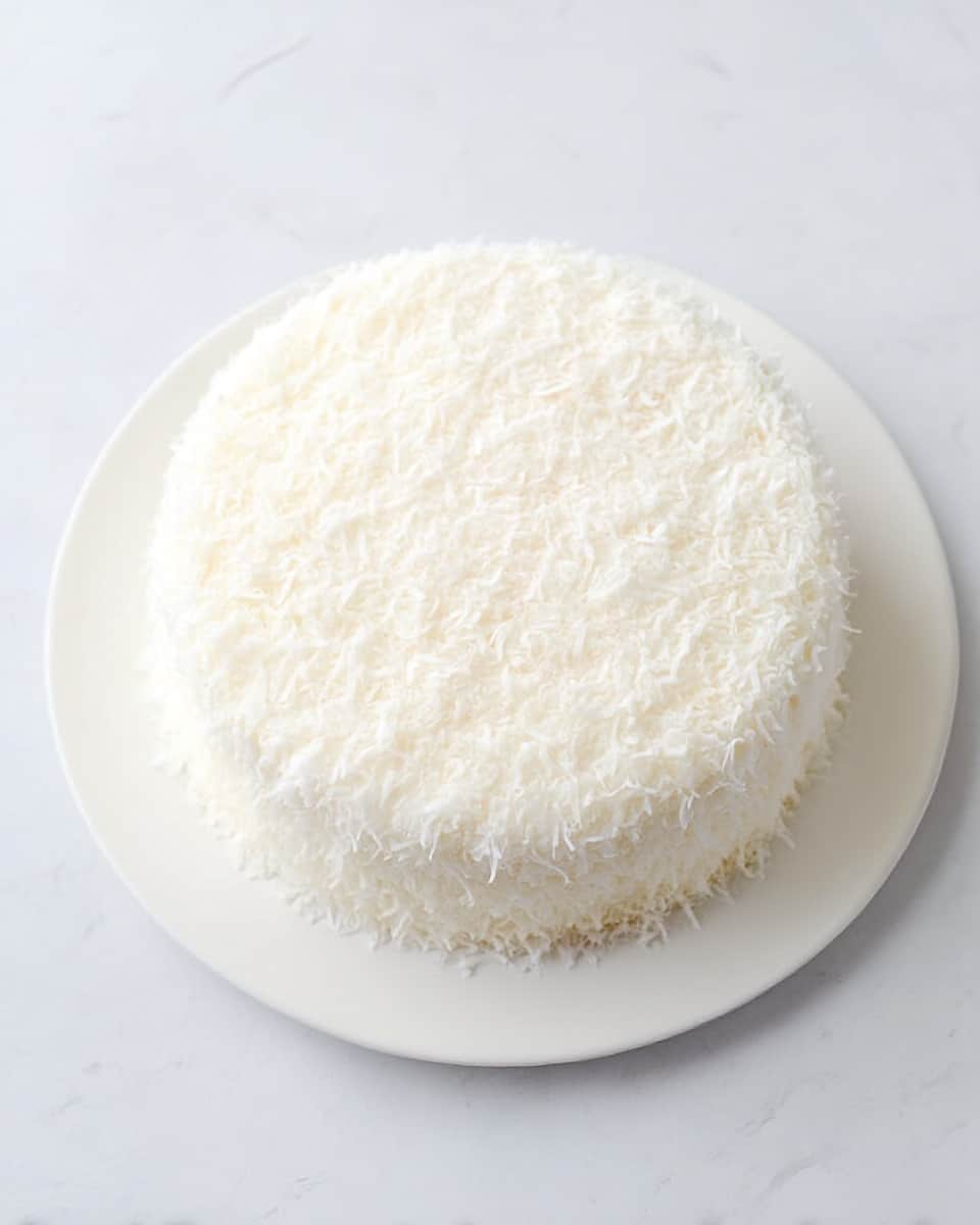 A round cake covered fully with a thick layer of white shredded coconut on top and sides, giving it a soft, fluffy texture. The cake sits on a white plate, placed on a white marbled textured surface, making the bright white color of the coconut stand out clearly, photo taken with an iphone --ar 4:5 --v 7