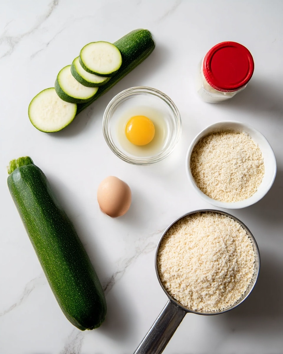 The image shows ingredients arranged on a white marbled surface. There is a whole zucchini lying horizontally with several round slices next to it on the left side. A small clear glass bowl with a cracked raw egg inside is near the center. To the right, there is a small container with a red lid. Below these, there is a white bowl filled with a white crumbly mixture on the right, and a metal measuring cup filled with coarse beige breadcrumbs on the left. The overall setup is neat, simple, and bright with natural lighting. photo taken with an iphone --ar 4:5 --v 7