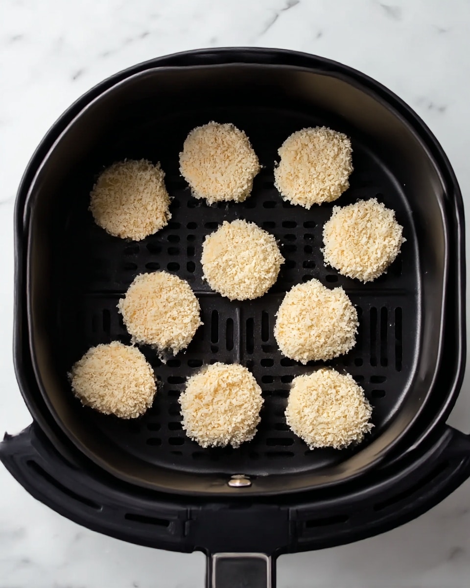 There is a black round air fryer basket filled with nine circular pieces of food covered in a light beige crumb coating. Each piece is evenly spaced in a grid-like pattern inside the basket. The crumb coating looks dry and textured. The basket sits on a white marbled surface, creating a clean and bright background. photo taken with an iphone --ar 4:5 --v 7