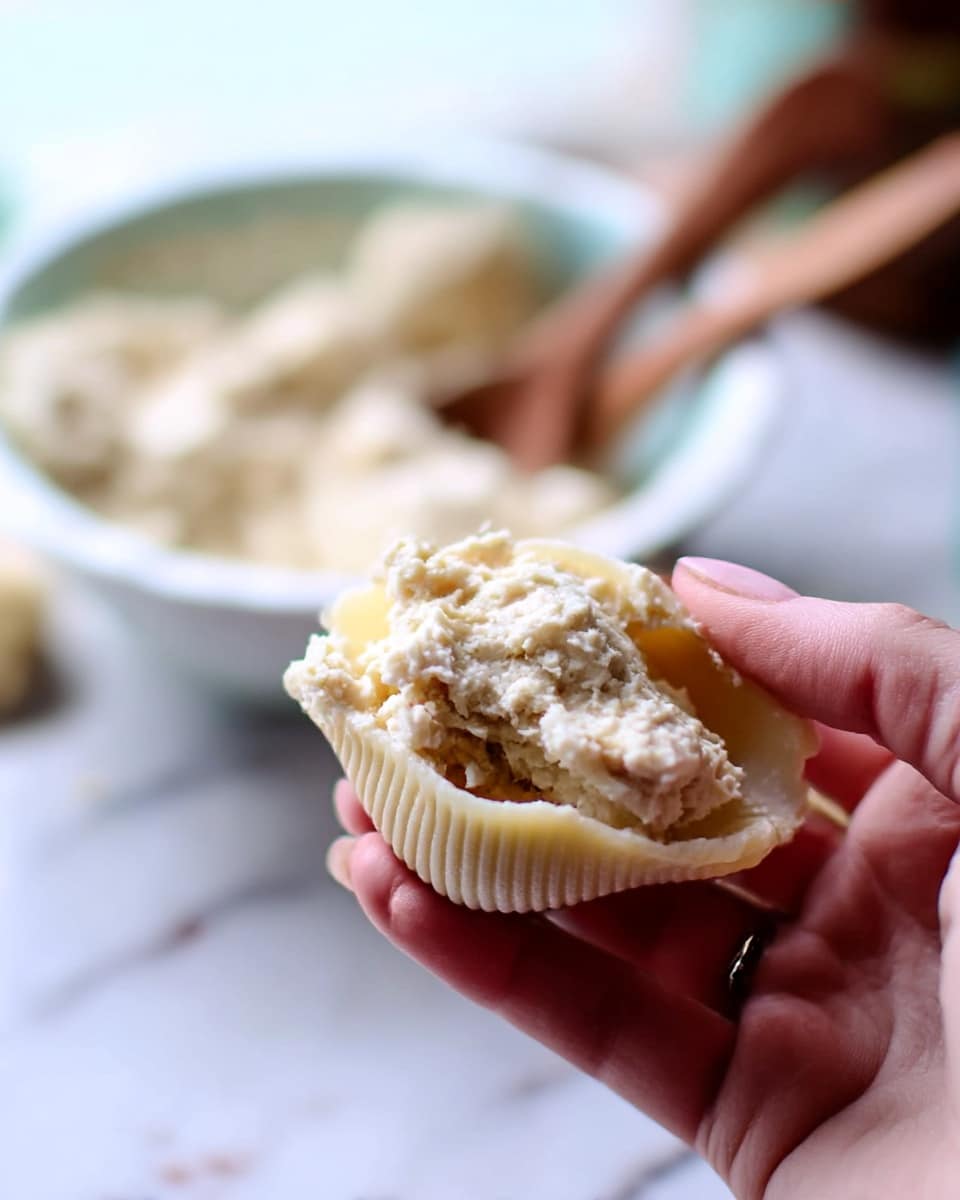 A close-up of a woman's hand holding a large pasta shell filled with a creamy, light beige mixture that looks soft and slightly grainy; the pasta shell is a pale, off-white color with ridged texture. In the background, there is a white bowl filled with more of the same creamy filling and some wooden utensils resting inside. The setting includes a blurred white marbled surface, giving a clean and bright appearance. photo taken with an iphone --ar 4:5 --v 7