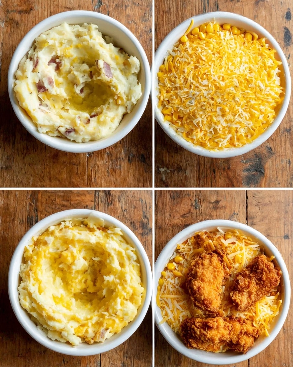 The image shows four white bowls on a wooden surface, each with layers of a dish. The first bowl is filled with mashed potatoes with bits of skin, with a scoop taken out from the center creating a hollow. The second bowl adds a layer of bright yellow corn filling the hollow space and spreading slightly on top of the potatoes. The third bowl shows shredded yellow and white cheese sprinkled over the corn, covering the center mostly but also some corn around the edges. The last bowl places several pieces of golden brown fried chicken on top of the cheese and corn layers, filling the bowl almost fully with the chicken pieces. photo taken with an iphone --ar 4:5 --v 7