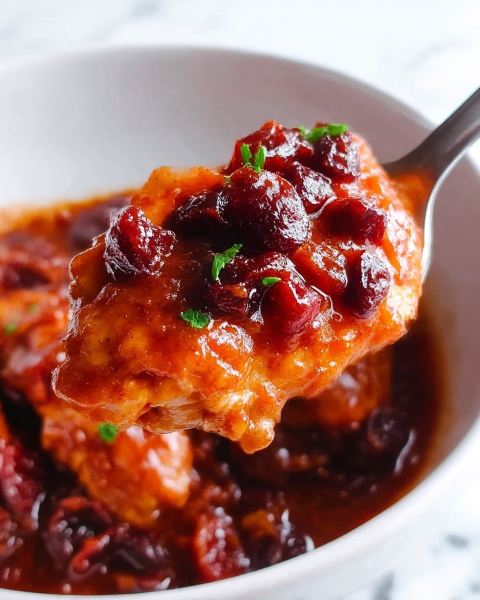 A close-up view of a single piece of cooked chicken covered in a thick, reddish-brown sauce with chunks of dark red cranberries on top, garnished with a few small green parsley leaves. The chicken is lifted above a white bowl filled with more sauce and additional pieces of chicken, all resting on a white marbled surface. The texture of the chicken looks soft and juicy with the sauce appearing sticky and glossy. A metal utensil holds the chicken piece carefully. photo taken with an iphone --ar 4:5 --v 7