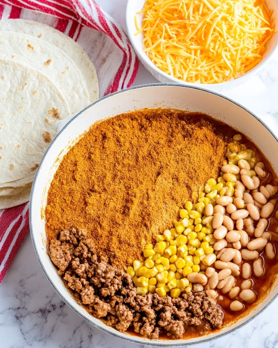 The image shows a white deep pan on a white marbled surface, divided into four clear layers: cooked ground beef with a crumbly coarse texture at the bottom, a thick layer of orange-brown spice powder covering part of the pan, a layer with yellow corn kernels mixed with light brown beans in the upper right section, and a reddish-brown sauce visible beneath the spice and beans. To the left side, there are soft white tortillas resting on a white marbled surface with a red-striped cloth partially visible, and behind the pan, there is a white bowl filled with finely shredded orange and white cheese. Photo taken with an iphone --ar 4:5 --v 7