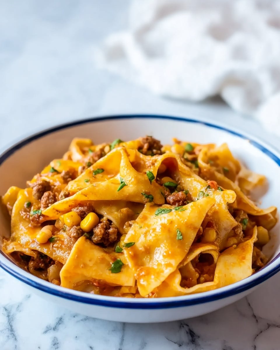 The image shows a white bowl with a blue rim filled with wide, flat pasta noodles layered with small pieces of brown cooked meat, yellow corn, and light brown beans. The pasta noodles have a shiny, orange-red sauce coating with some green herbs sprinkled on top, adding a fresh color contrast. The noodles are folded and piled in the bowl, showing a mix of textures from the saucy pasta and soft toppings. The bowl is placed on a white marbled surface, and the background is softly blurred with a hint of white cloth. Photo taken with an iphone --ar 4:5 --v 7