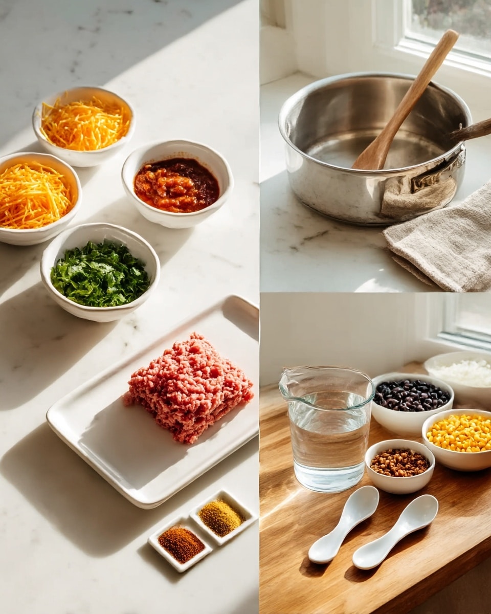The image shows three scenes arranged side by side on a white marbled surface. The left scene has three small white bowls: the top bowl contains shredded orange-yellow cheese, the middle one has a chunky red salsa, and the bottom one is filled with fresh green cilantro leaves. The middle scene features a white rectangular plate with a pink mound of ground meat placed at the center. To the right of this plate, there is a small white dish with three different spices—yellow, brown, and reddish—and in front of the plate is a clear measuring cup filled with water. Behind all these, there is a shiny metal saucepan with a wooden spoon resting inside it. The right scene shows a wooden countertop holding several white bowls with various ingredients: white rice, black beans, chopped nuts or brown raisins, and yellow corn kernels. Two white ceramic spoons lie beside the bowls, and a folded beige cloth napkin is partially tucked behind them. Sunlight streams through a kitchen window, softly lighting the setup. Photo taken with an iphone --ar 4:5 --v 7