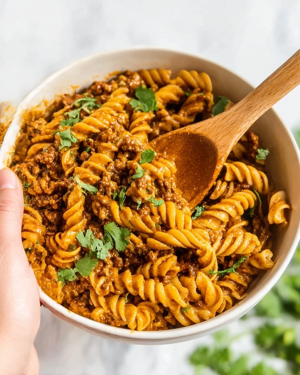 A white bowl filled with rotini pasta cooked in a thick, rich brown sauce with visible bits of cooked ground meat mixed evenly throughout. The pasta spirals are coated fully with the sauce, showing a glossy and textured surface. Scattered green herb leaves, possibly cilantro, add a fresh contrast on top. A wooden spoon is placed inside the bowl, stirring the pasta gently, with a woman's hand holding the spoon. The background shows a soft white marbled texture and some blurred green leaves. Photo taken with an iphone --ar 4:5 --v 7
