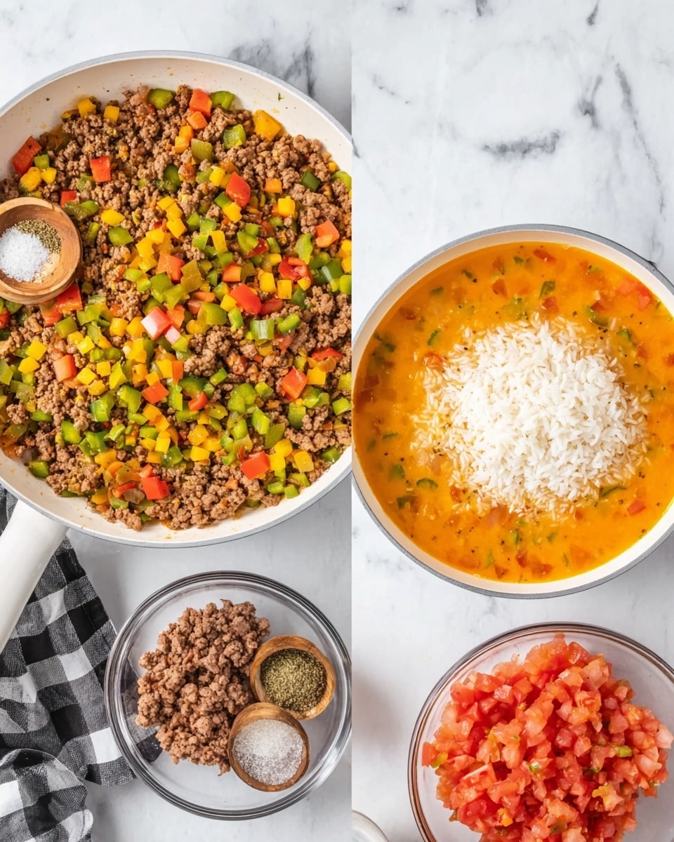 The left side of the image shows a white frying pan filled with a colorful mix of cooked ground meat, diced yellow and green peppers, and chopped red tomatoes, all layered and mixed on top of a white marbled surface. Around the pan, there are three small wooden bowls containing various spices and salt. The right side of the image shows another white frying pan on the same white marbled surface, filled with a bright orange soup-like base with chopped vegetables, topped with a heap of raw white rice in the center. Nearby, two separate clear bowls hold cooked ground meat and more chopped red tomatoes. A black and white checkered cloth is placed beneath the pans in both pictures. photo taken with an iphone --ar 4:5 --v 7