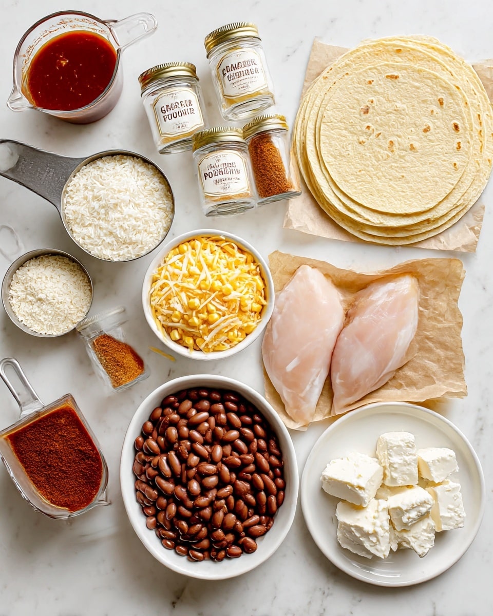 The image shows an arrangement of cooking ingredients on a white marbled surface. At the top right, there is a stack of six light yellow tortillas with a soft texture. Below them, there is a white bowl lined with brown parchment paper holding two raw, pale pink chicken breasts. To the left of the chicken, a white bowl filled with cooked white rice grains. Above the rice, a white metal measuring cup holds bright yellow corn kernels. Next to it, a metal measuring cup filled with shredded yellow and white cheese. Above those, two small glass jars with gold lids are labeled