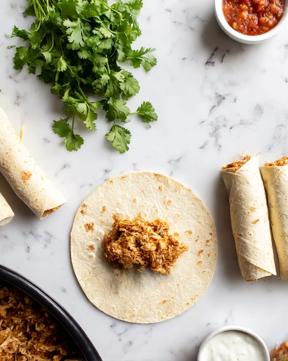 The first image shows a round tortilla on a white marbled surface with a small pile of cooked, shredded chicken and beans in the center of the tortilla. Above the tortilla, there is a bunch of fresh green cilantro, and near the bottom right edge, a small white bowl with white sauce and another white bowl with red salsa, both slightly visible. The second image shows three rolled tortillas with the same filling on the white marbled surface. The same cilantro bunch is visible at the top, and the two white bowls with white sauce and salsa are at the bottom right. Near the lower left corner, part of a black container with more shredded chicken filling is visible. photo taken with an iphone --ar 4:5 --v 7