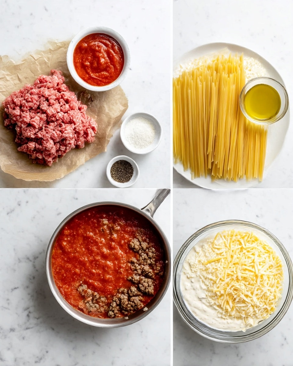 The image shows three panels on a white marbled surface. The first panel has raw ground meat on brown paper, a bowl of shredded cheese, a small bowl of red tomato sauce, a small bowl with olive oil, a white plate with uncooked flat pasta strips laid out neatly, a small bowl with white powder (likely flour or cheese), and a small white bowl with black pepper and salt. The second panel shows cooked browned ground meat on the left side of a silver pan with rich red tomato sauce covering the right side, both sitting close but separate. The third panel has a clear glass bowl with a thick white sauce or cream base, topped with shredded yellow cheese, sitting on the white marbled surface. photo taken with an iphone --ar 4:5 --v 7
