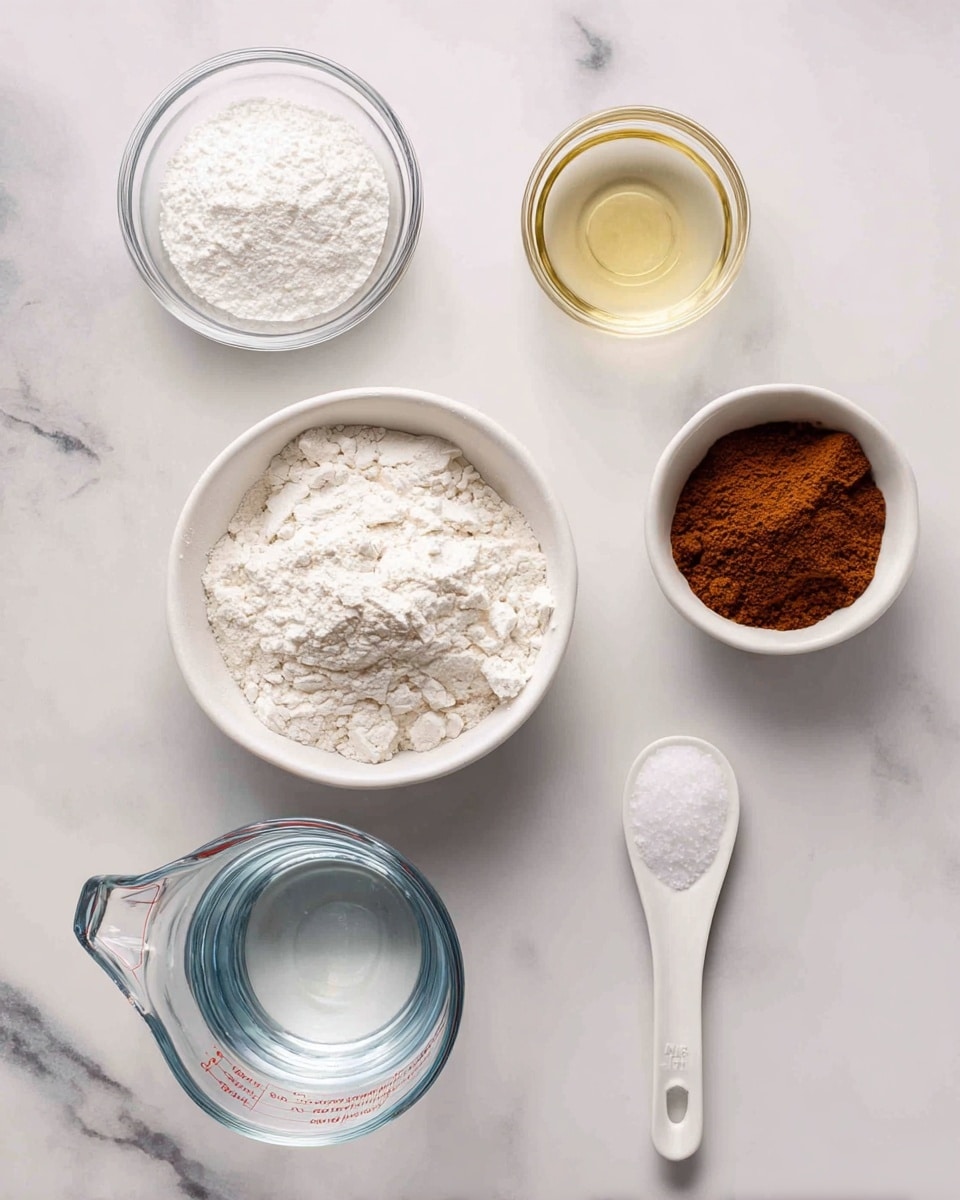 The image shows six small containers and a measuring cup placed on a white marbled surface, each filled with different baking ingredients. Starting from the top left corner, there is a small glass container with white baking powder that looks fine and powdery. Below it to the left is a tiny glass jar filled with clear pale yellow oil. In the center, there is a white bowl full of white flour with soft, powdery texture. To its right, a small glass bowl holds dark brown cinnamon with a slightly grainy texture. Below the cinnamon bowl, there is a white spoon with white granulated sugar. In the bottom center, a clear measuring cup contains transparent boiling water. All items are spaced neatly apart and the labels with black backgrounds and white text float above each ingredient. photo taken with an iphone --ar 4:5 --v 7