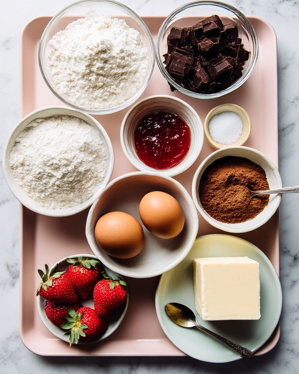 A group of ingredients is arranged on a light pink tray placed on a white marbled surface. There is a white bowl with white flour in the top left corner, next to a glass bowl filled with white sugar. Below the sugar is a white bowl filled with small chunks of dark chocolate. In the center of the tray, a white bowl holds three brown eggs. To the right of the eggs, there is a white bowl with finely powdered brown cocoa. On the top right corner of the tray, a tiny white bowl contains a small amount of salt. Below the salt is a small white dish with red jam and a silver spoon inside it. At the bottom right, a white plate holds a square block of white butter. Near the center left, a white bowl contains three red strawberries with green leaves. Photo taken with an iphone --ar 4:5 --v 7