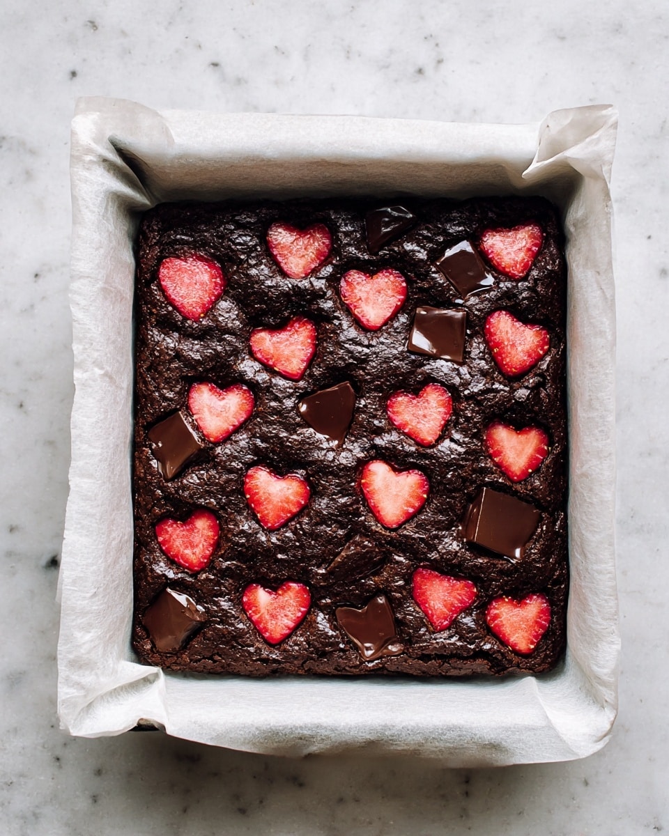 A square dark chocolate brownie with a rough, textured top inside a white parchment-lined baking pan. Scattered on the surface are bright red heart-shaped strawberry slices and chunks of smooth, melted dark chocolate, creating a pattern of dark and red spots. The pan is placed on a white marbled textured surface. Photo taken with an iphone --ar 4:5 --v 7