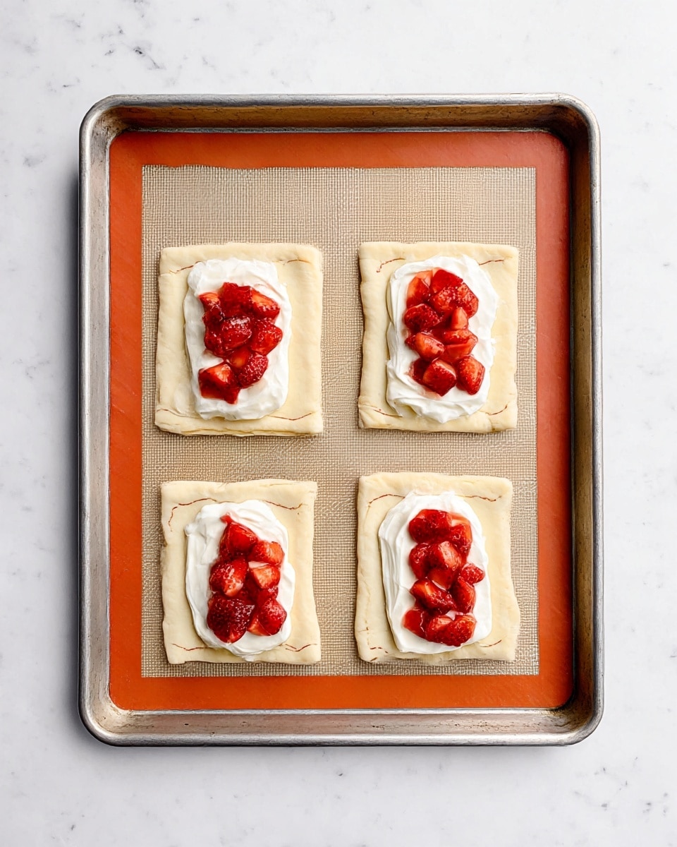 The image shows a metal baking tray with an orange silicone mat inside resting on a white marbled surface. On the tray, there are four pieces of rectangular dough, each with a border outlined by faint lines. In the center of each dough piece, there is a layer of white cream topped with small, bright red chopped strawberries. The dough pieces are evenly spaced in two rows of two, and the filling slightly spreads near the edges of each rectangle. The overall look is clean and organized, ready to be baked. photo taken with an iphone --ar 4:5 --v 7