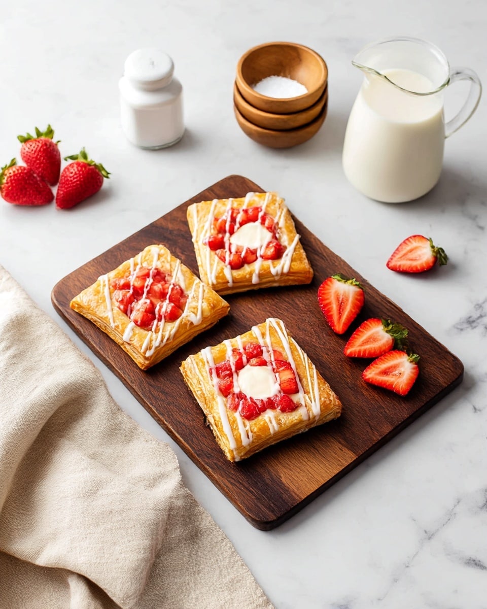 Three square-shaped strawberry pastries sit on a dark wooden board placed on a white marbled surface. Each pastry has a golden-brown, flaky crust, topped with diced red strawberries and a smooth cream filling visible in the center. White icing is drizzled over the pastries in thin, uneven lines. Around the board, whole and sliced fresh strawberries add a bright red accent. Nearby, a glass pitcher of milk and a white sugar container with a lid are placed, along with two small stacked wooden bowls and a light beige linen cloth casually laid beside the board. Photo taken with an iphone --ar 4:5 --v 7